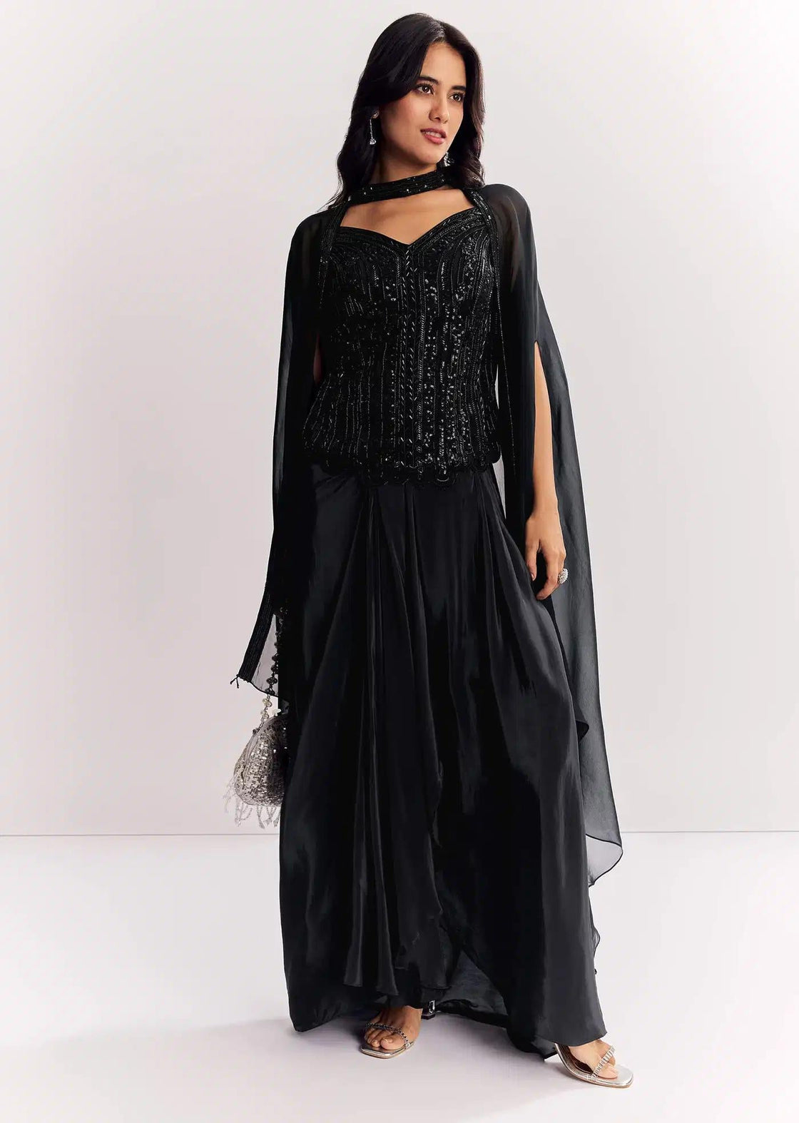 Black Cape Suit In Organza With Sequins And Beaded Top