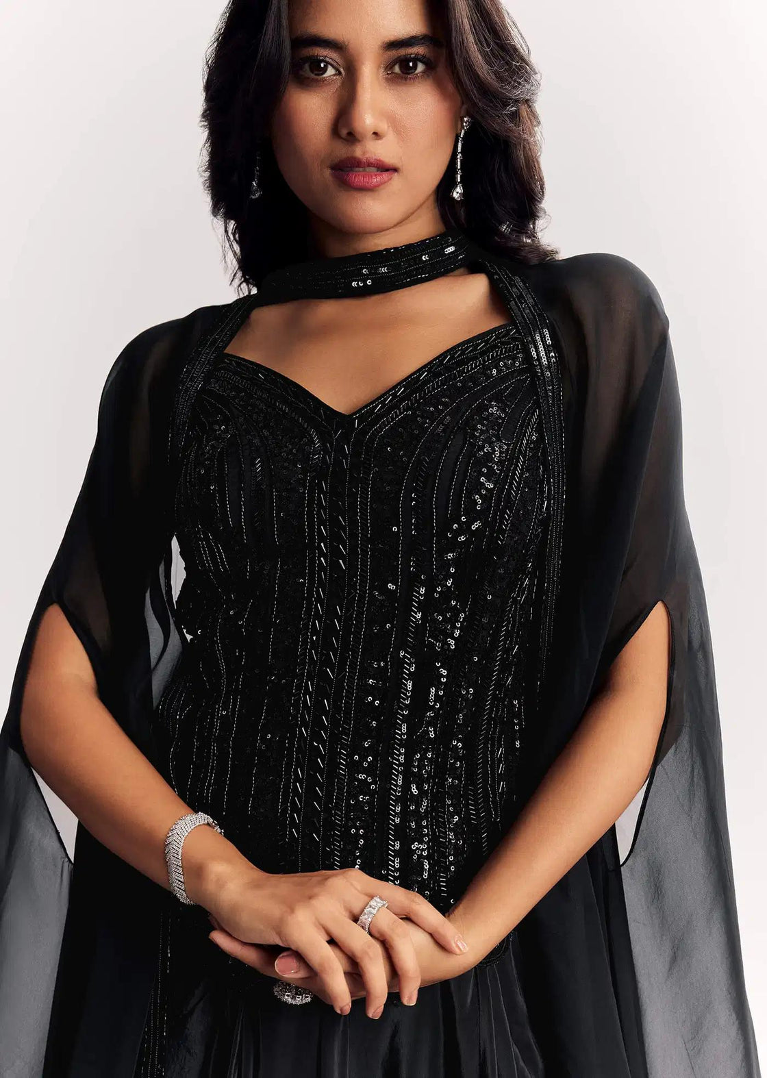 Black Cape Suit In Organza With Sequins And Beaded Top