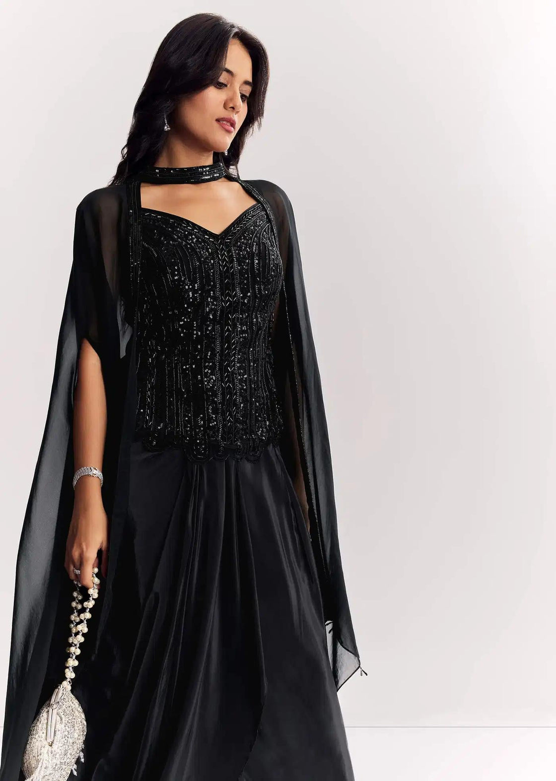 Black Cape Suit In Organza With Sequins And Beaded Top