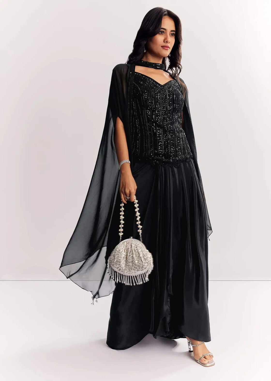 Black Cape Suit In Organza With Sequins And Beaded Top