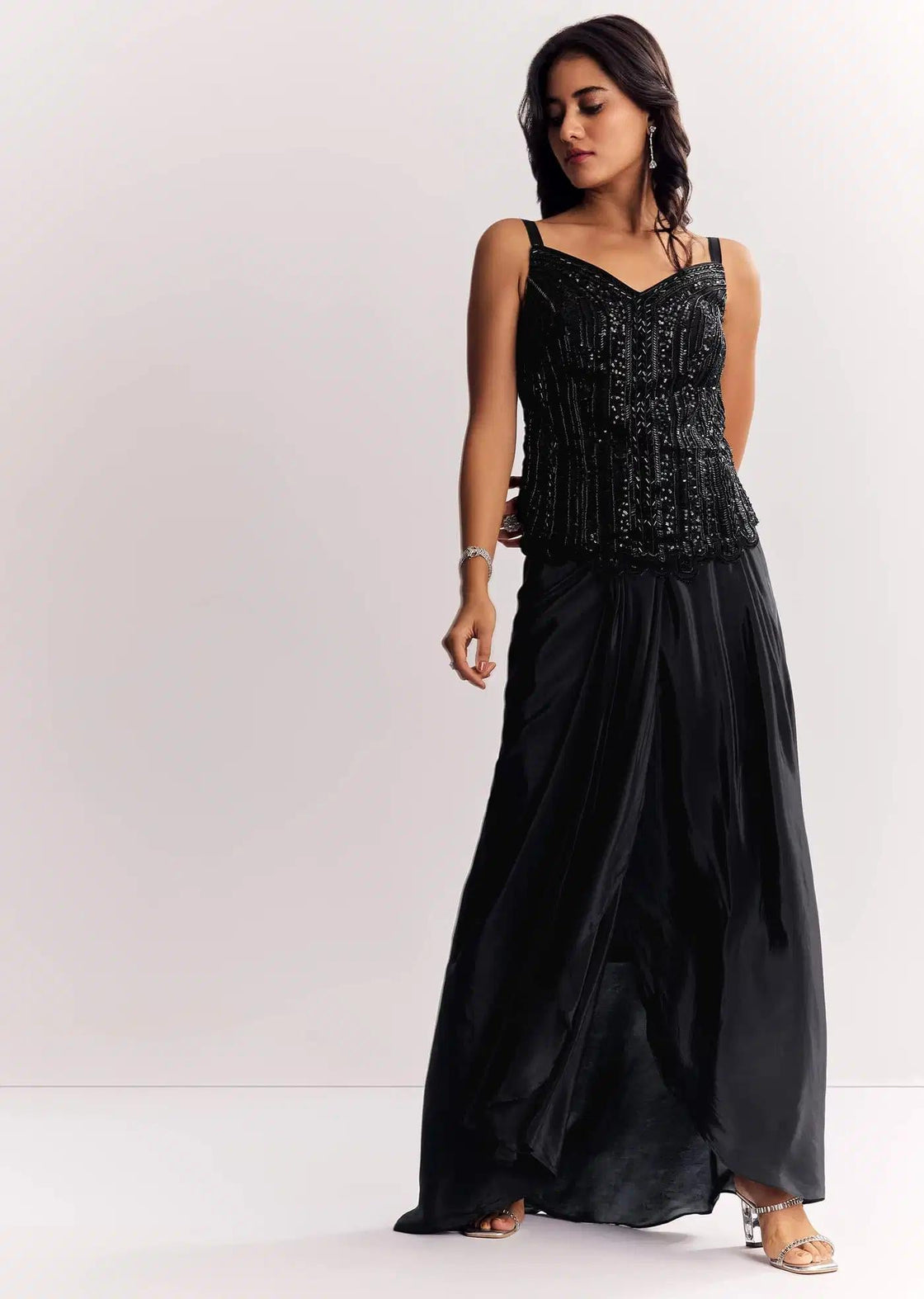 Black Cape Suit In Organza With Sequins And Beaded Top