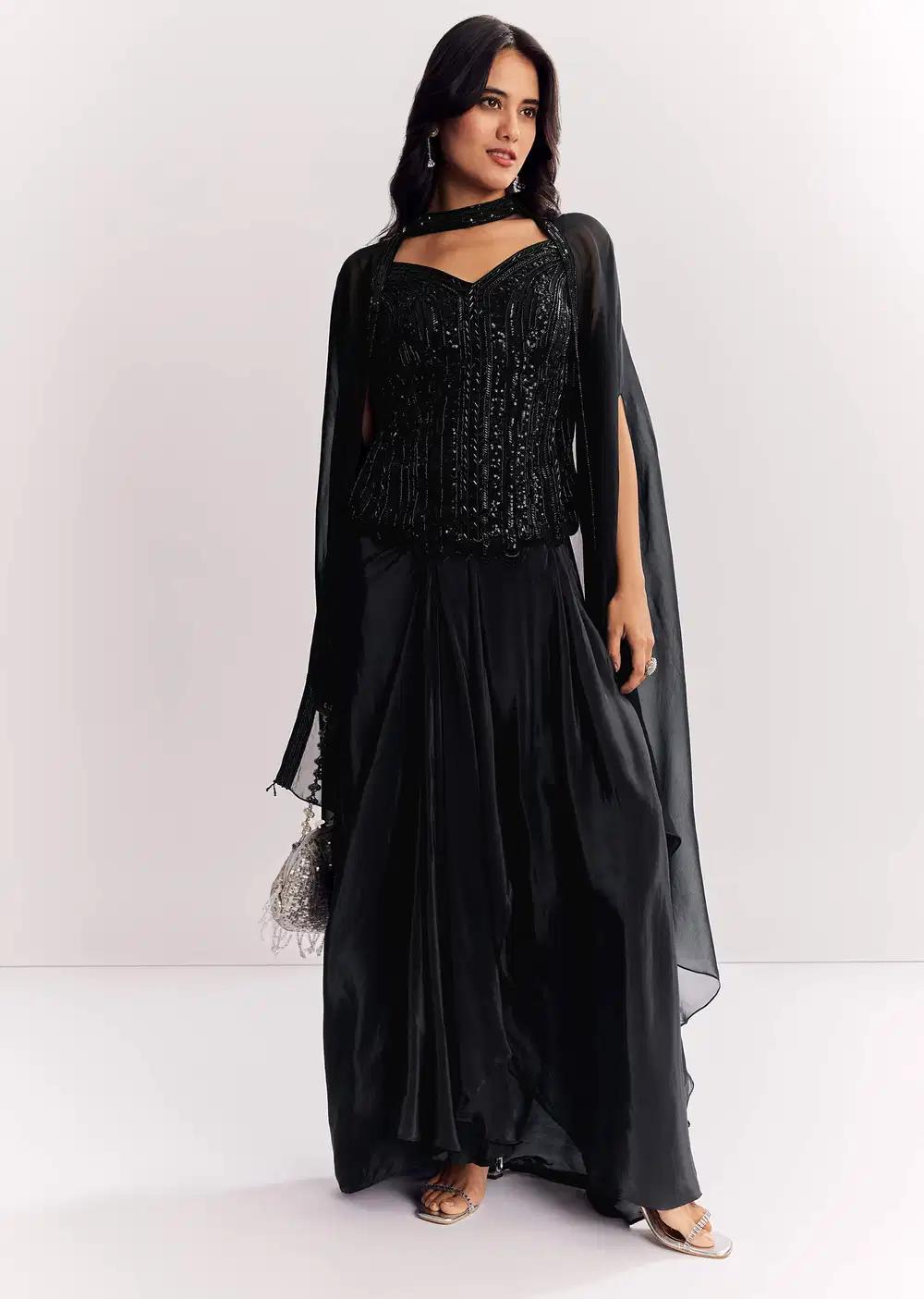 Black Cape Suit In Organza With Sequins And Beaded Top