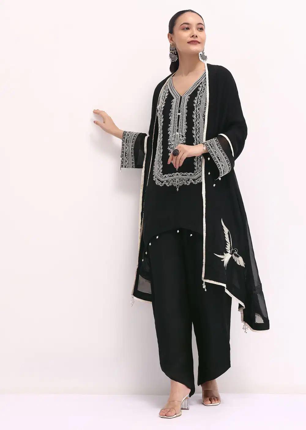 Black Chanderi Kurta Ensemble With Dupatta Outfit