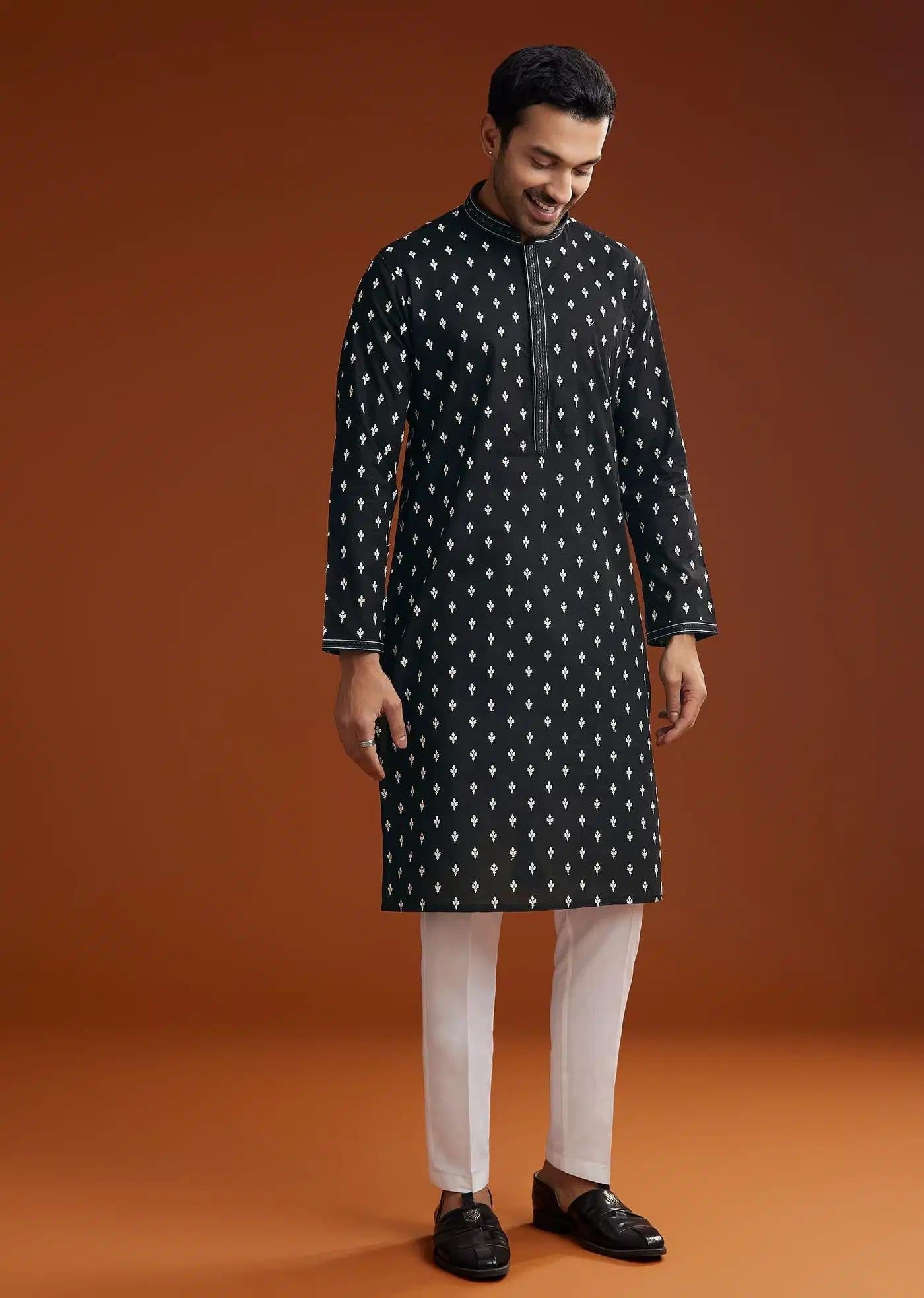 Black Chanderi Kurta Pant Set With Intricate Embroidery Elegant Designer Kurta Sets