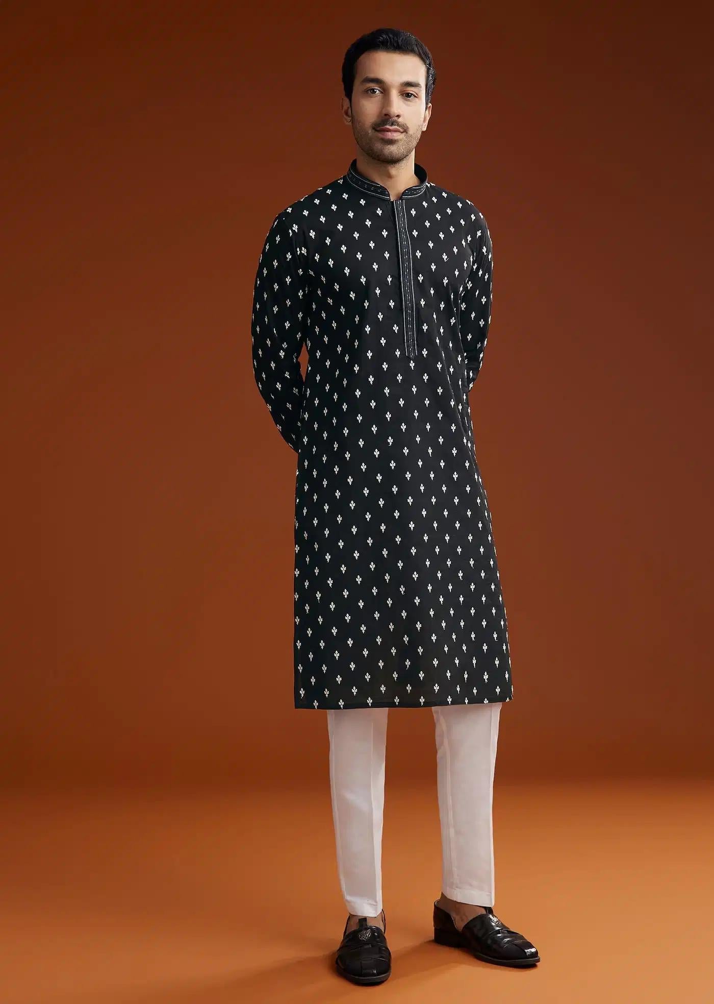 Black Chanderi Kurta Pant Set With Intricate Embroidery Elegant Designer Kurta Sets