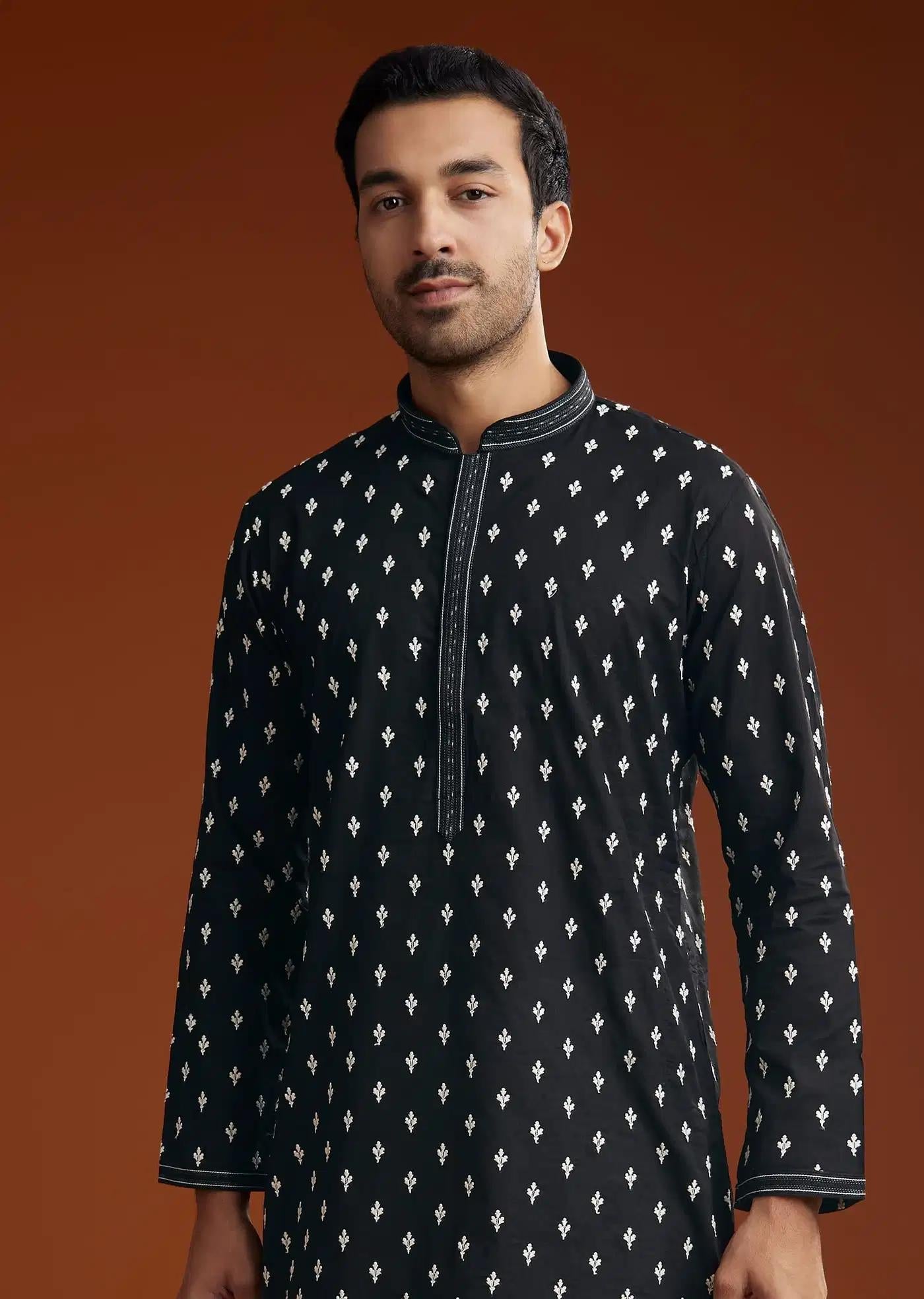 Black Chanderi Kurta Pant Set With Intricate Embroidery Elegant Designer Kurta Sets