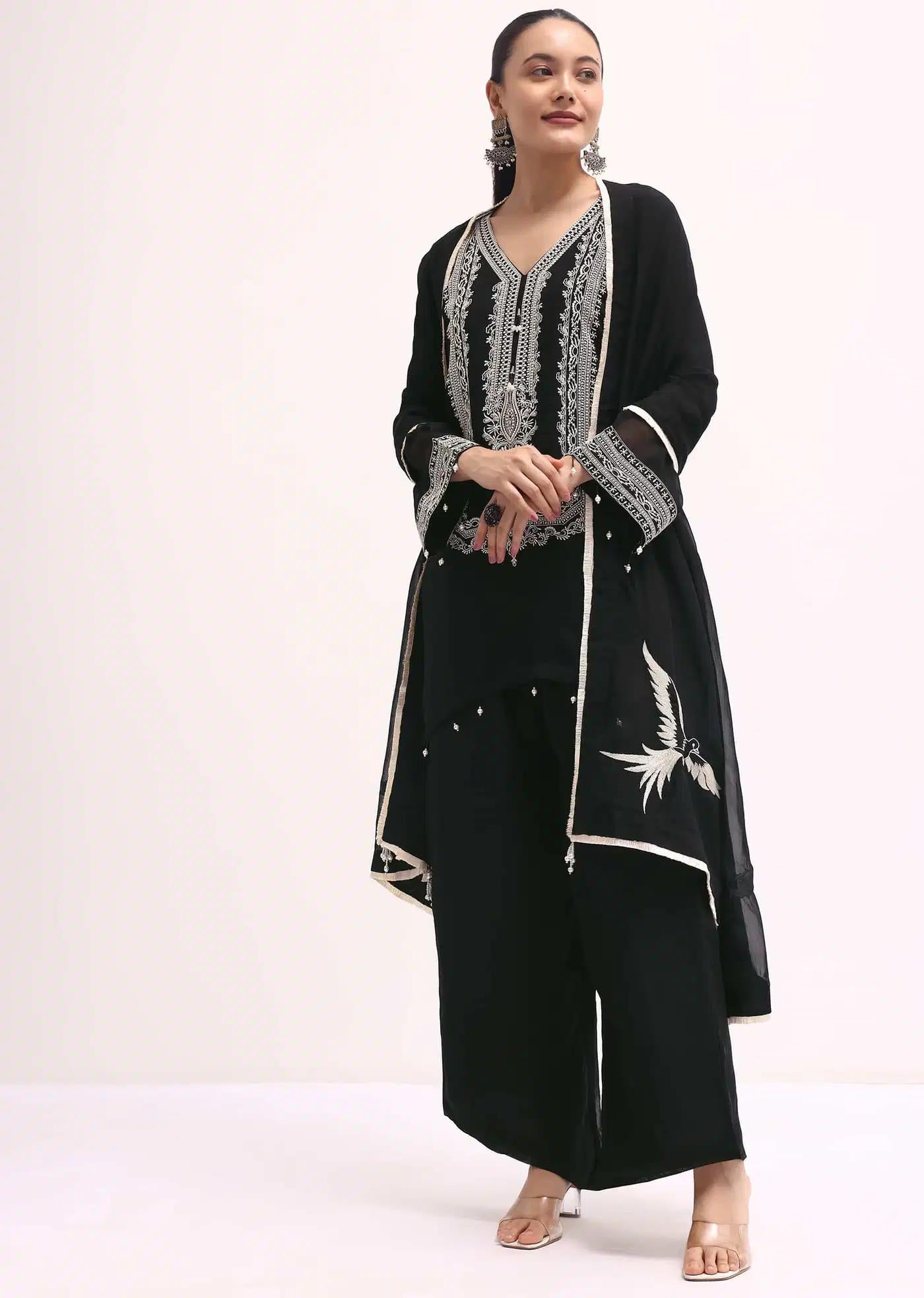 Black Chanderi Tunic Ensemble Featuring Drape