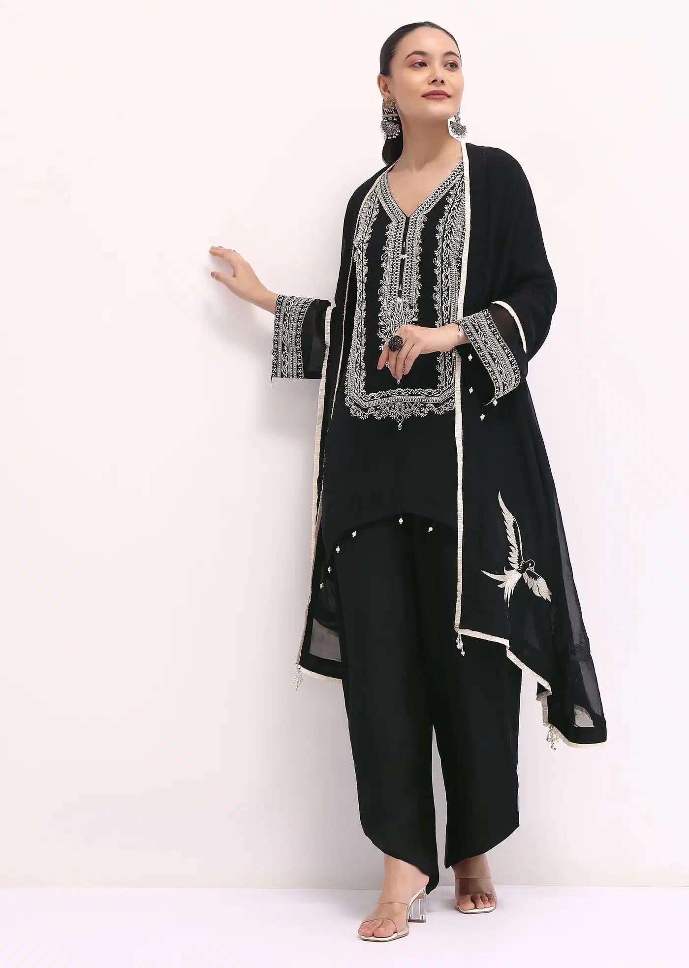 Black Chanderi Tunic Ensemble Featuring Drape
