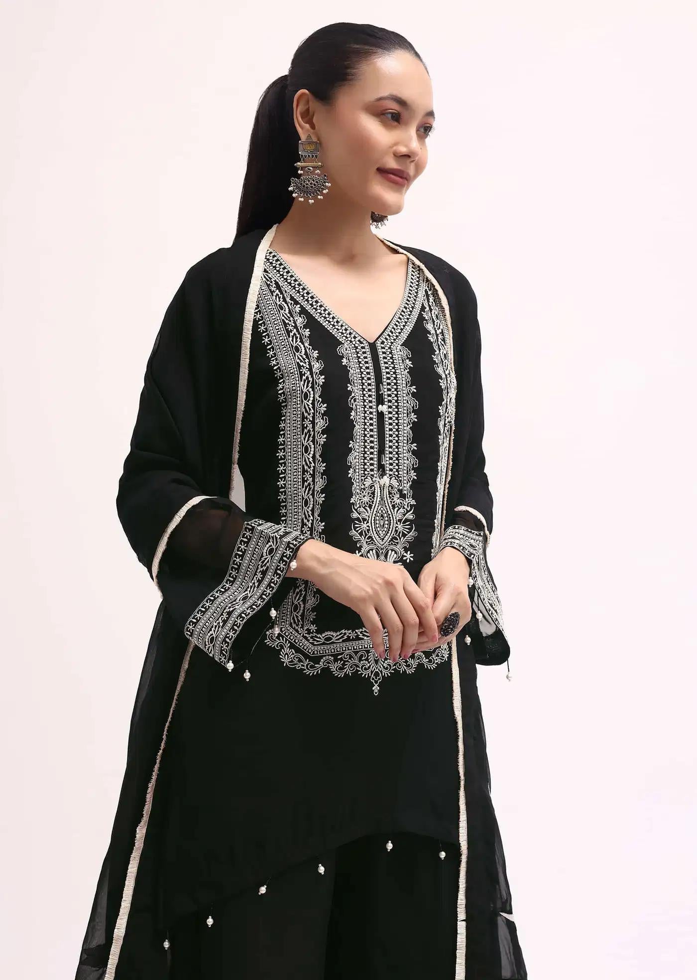 Black Chanderi Tunic Ensemble Featuring Drape