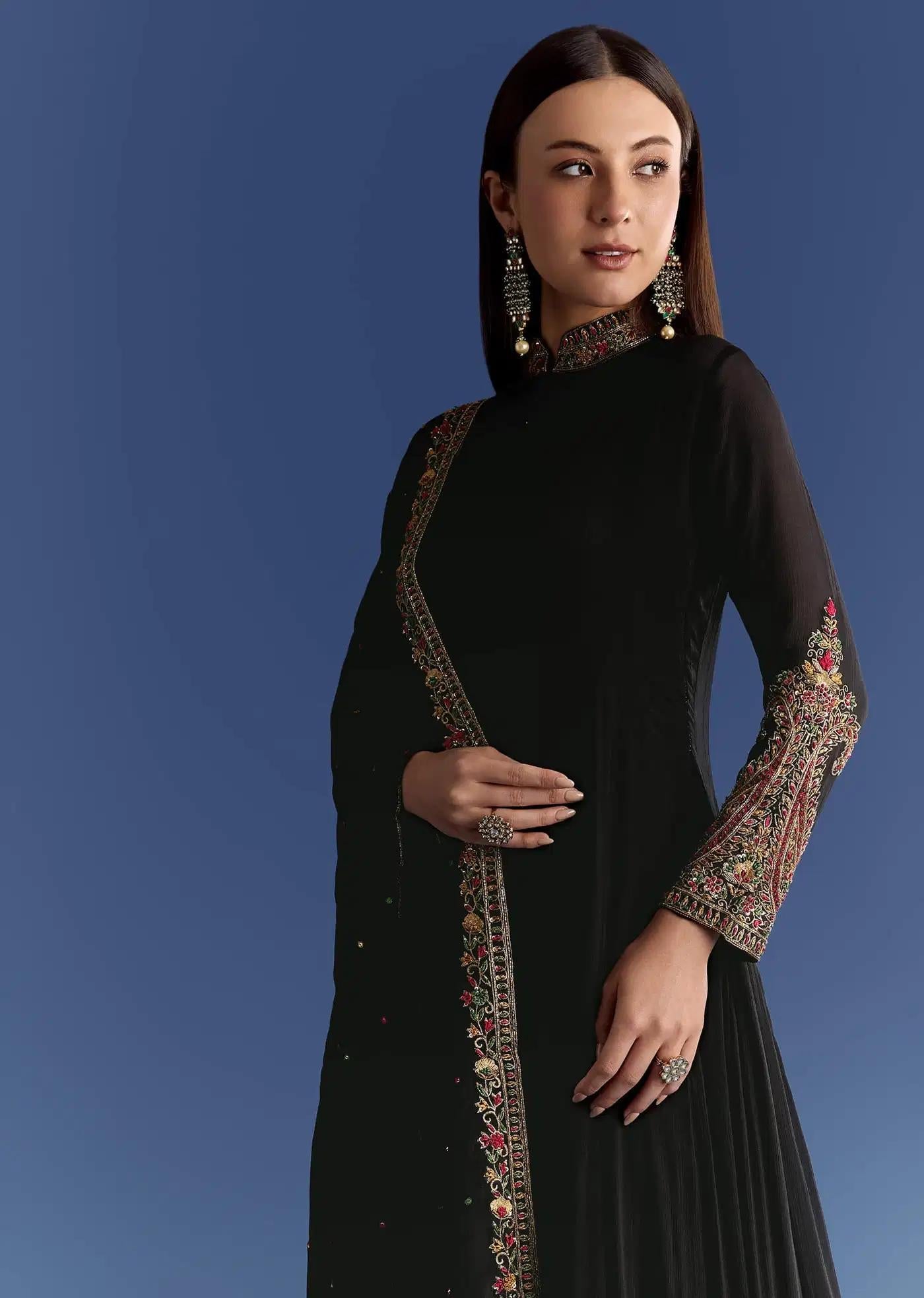 Black Chinon Anarkali Dress Featuring Handcrafted Collar Zari Drape