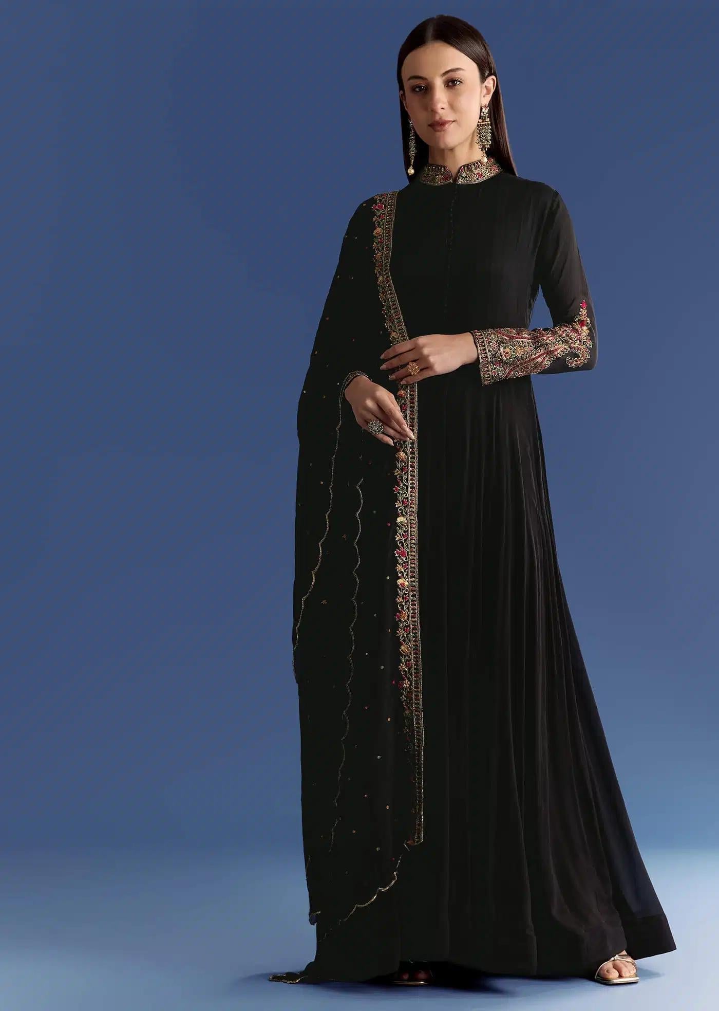 Black Chinon Anarkali Dress Featuring Handcrafted Collar Zari Drape