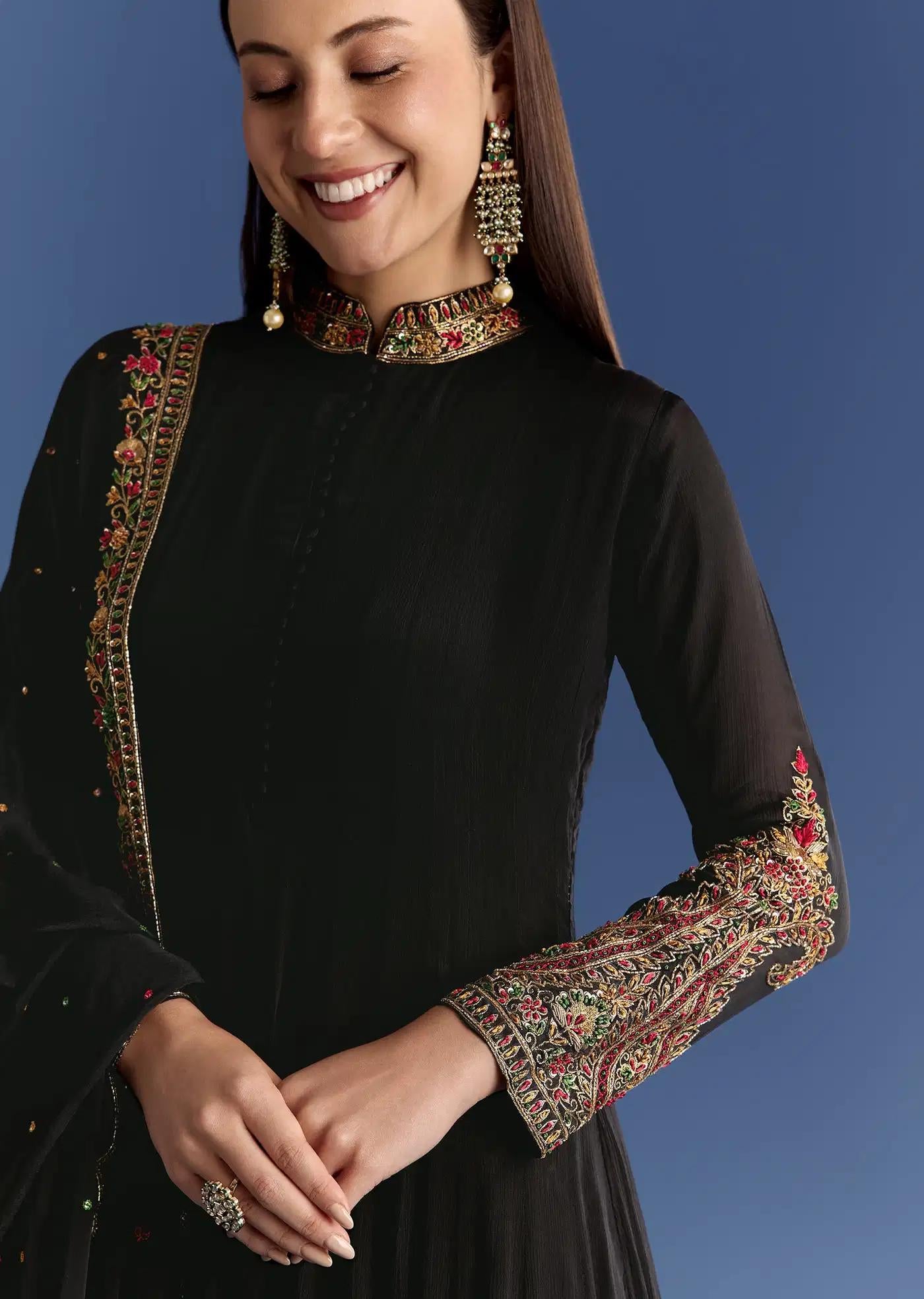 Black Chinon Anarkali Dress Featuring Handcrafted Collar Zari Drape