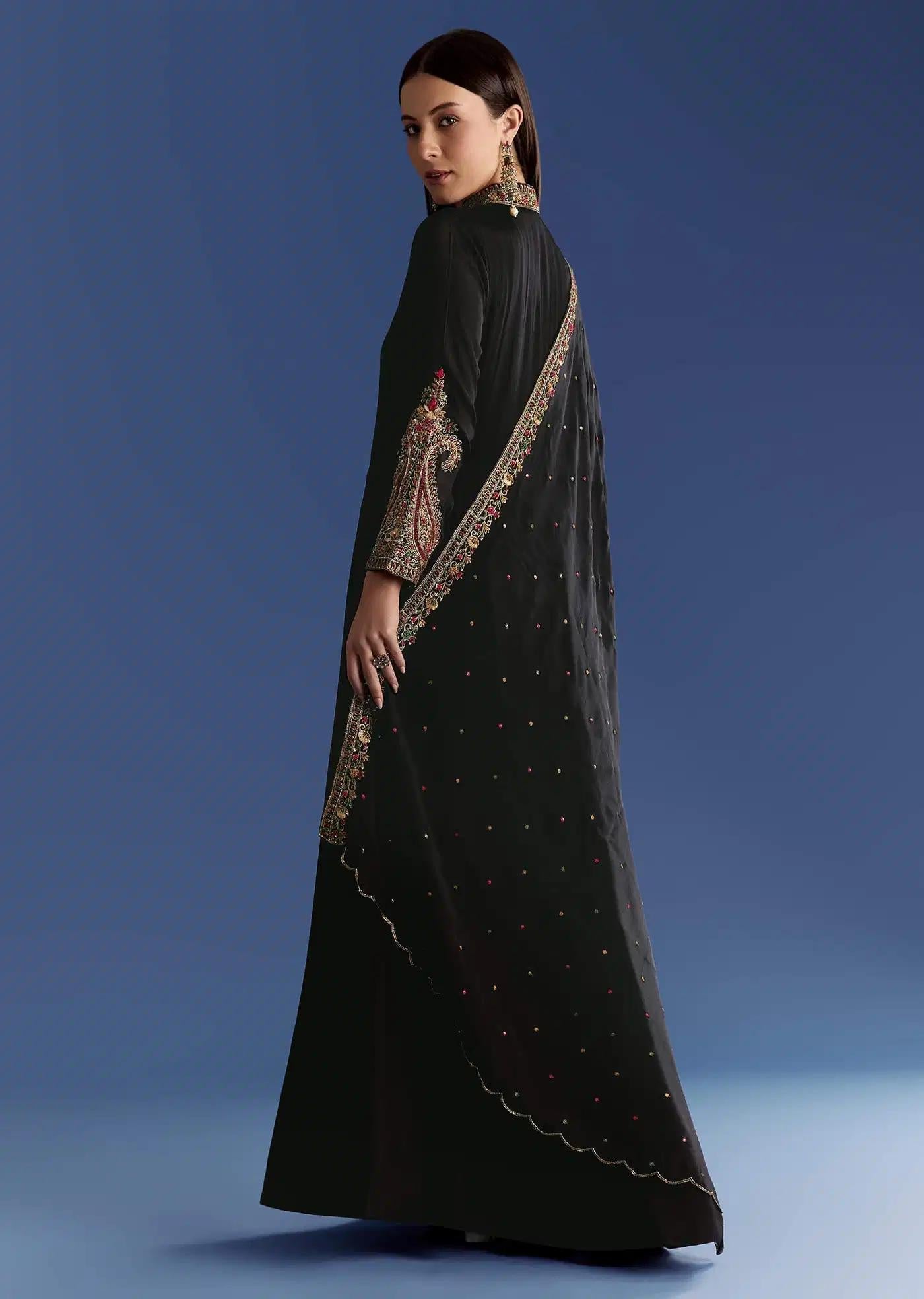 Black Chinon Anarkali Dress Featuring Handcrafted Collar Zari Drape
