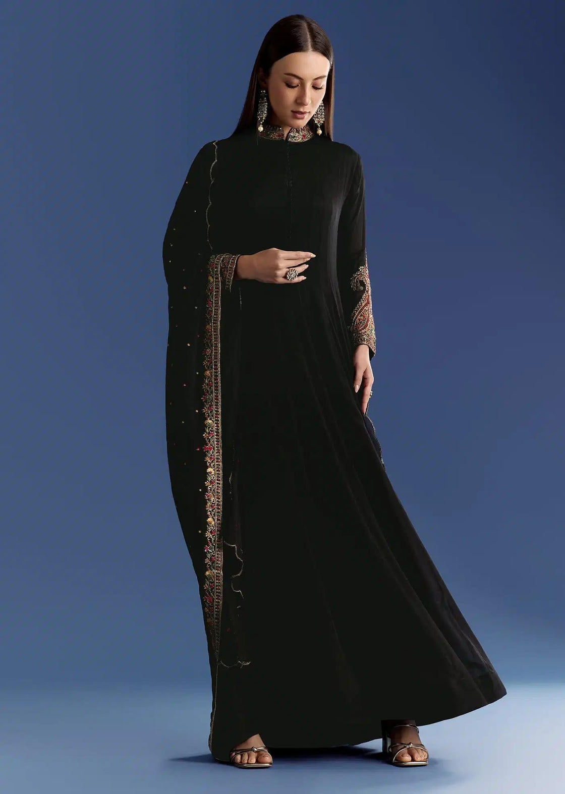 Black Chinon Anarkali Dress Featuring Handcrafted Collar Zari Drape
