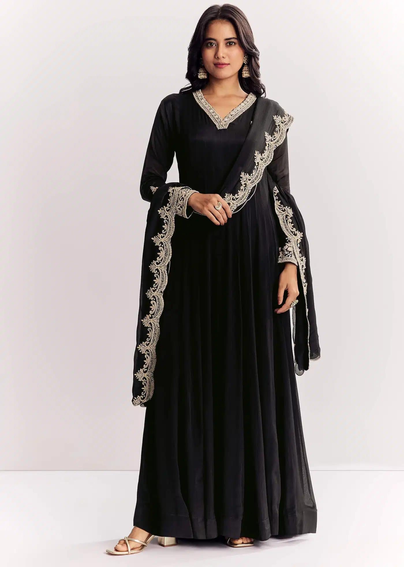 Black Chinon Anarkali Dress Outfit Featuring Zardosi Detailing Handcrafted Drape