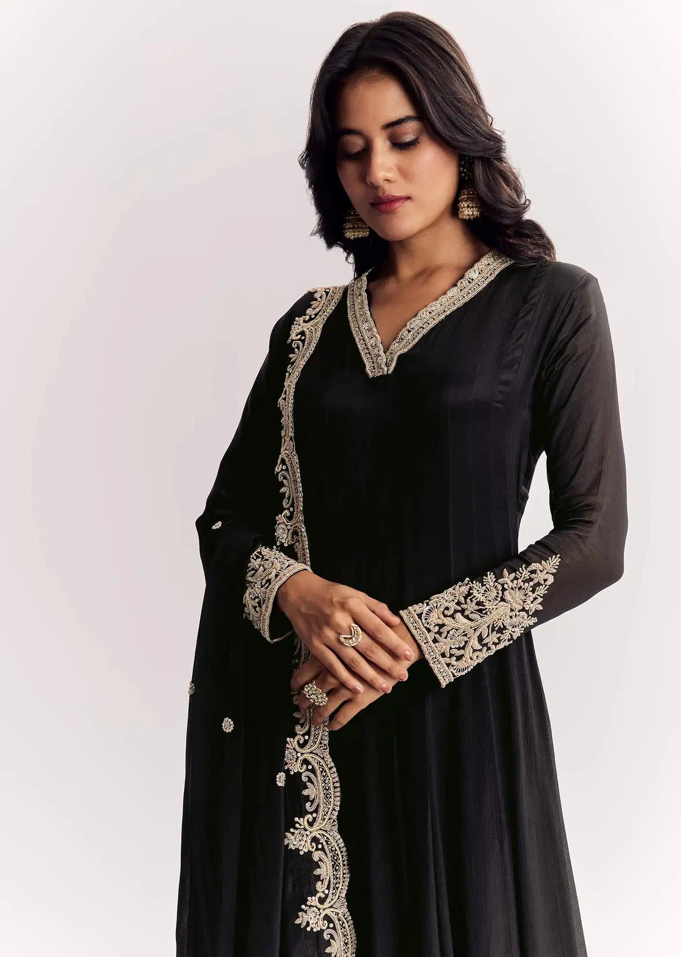 Black Chinon Anarkali Dress Outfit Featuring Zardosi Detailing Handcrafted Drape