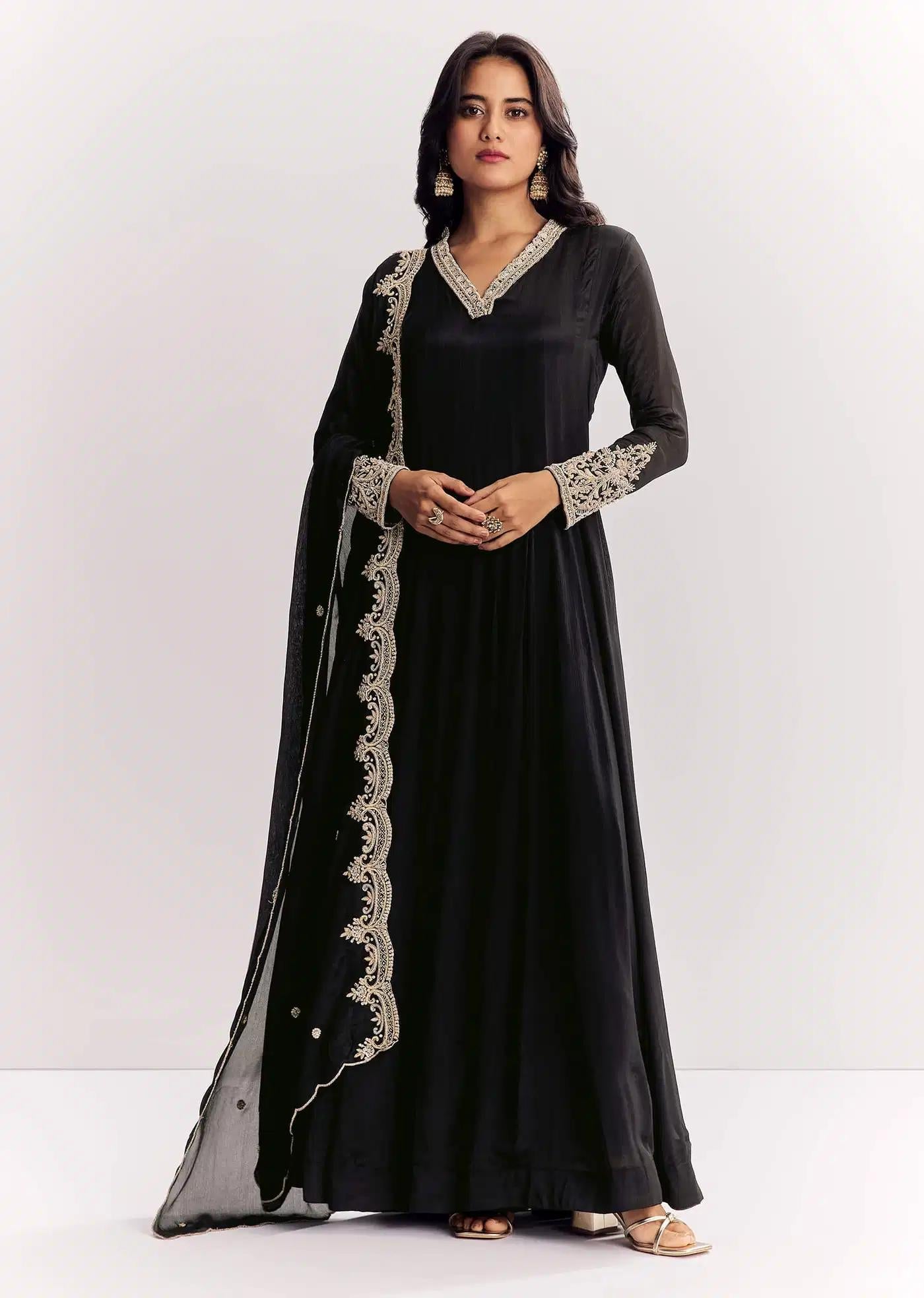 Black Chinon Anarkali Dress Outfit Featuring Zardosi Detailing Handcrafted Drape