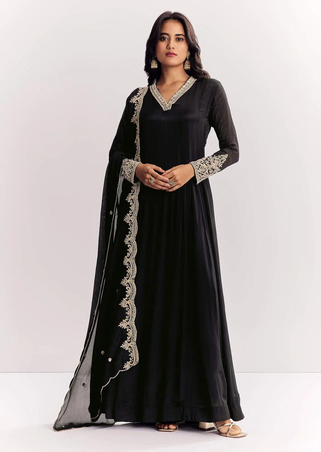 Black Chinon Anarkali Dress Outfit Featuring Zardosi Detailing Handcrafted Drape
