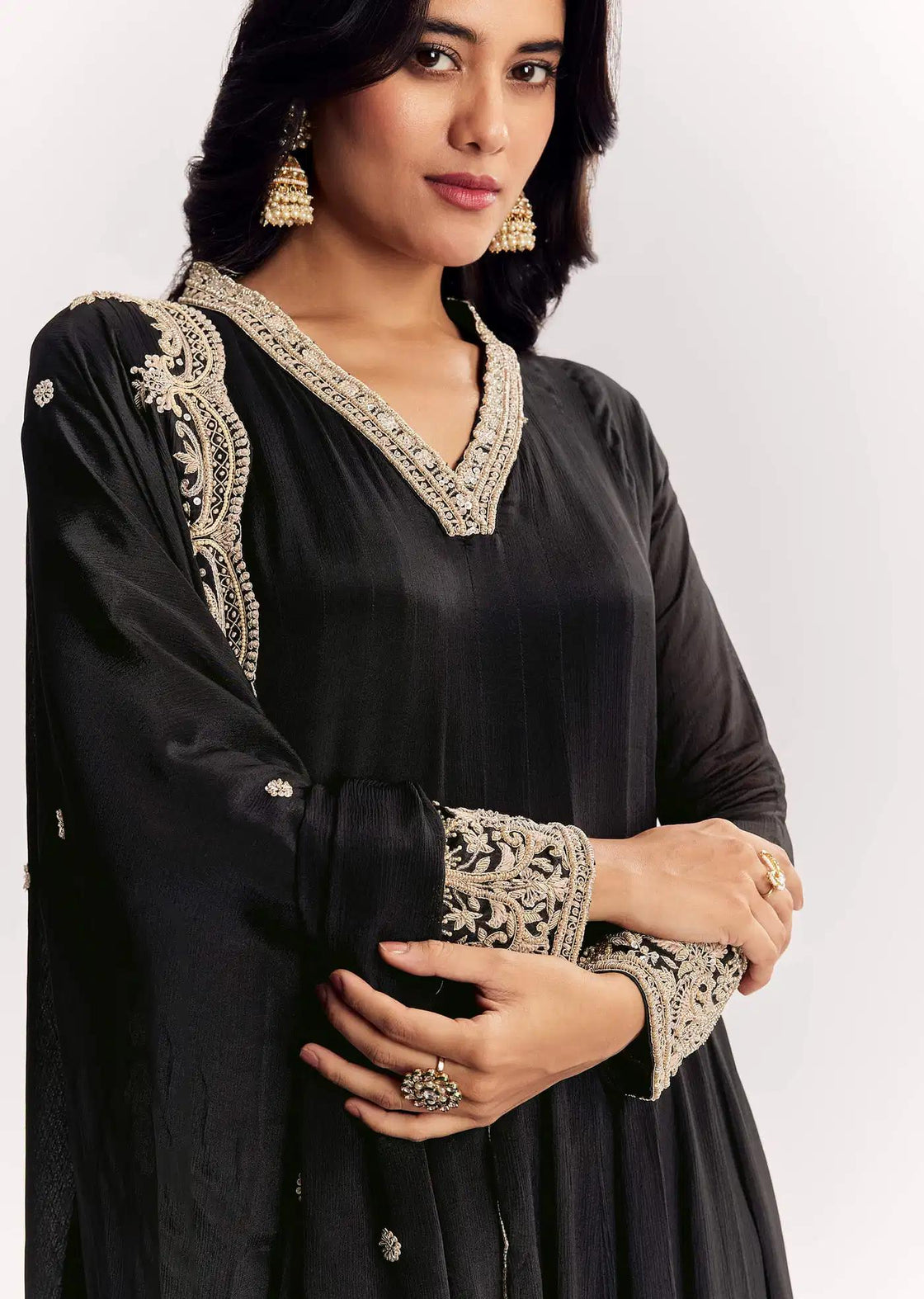 Black Chinon Anarkali Dress Outfit Featuring Zardosi Detailing Handcrafted Drape