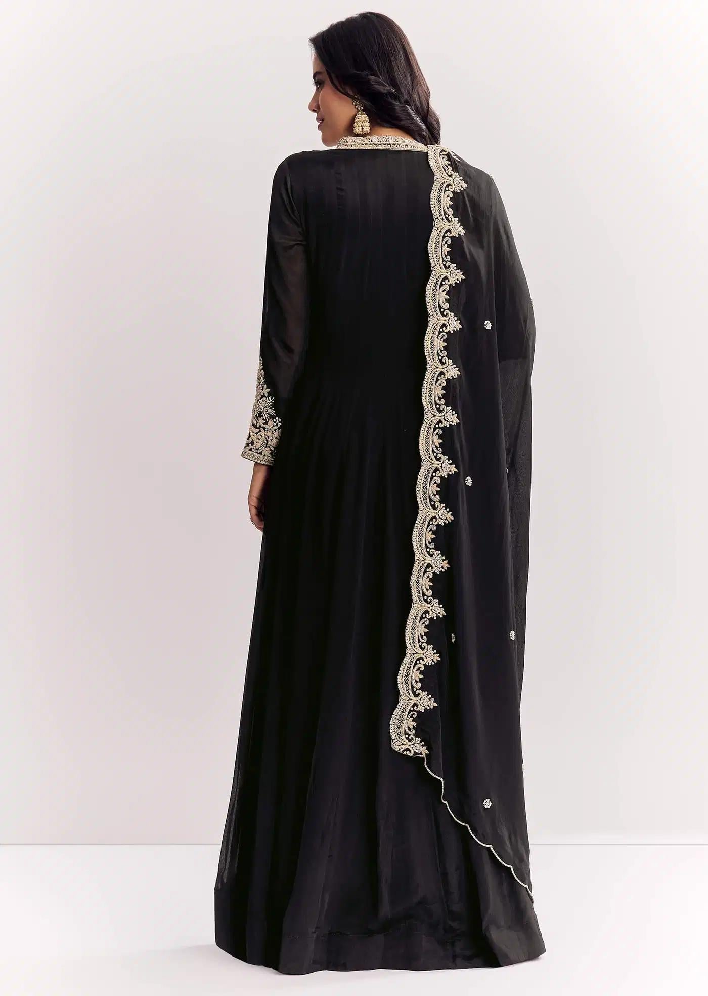 Black Chinon Anarkali Dress Outfit Featuring Zardosi Detailing Handcrafted Drape