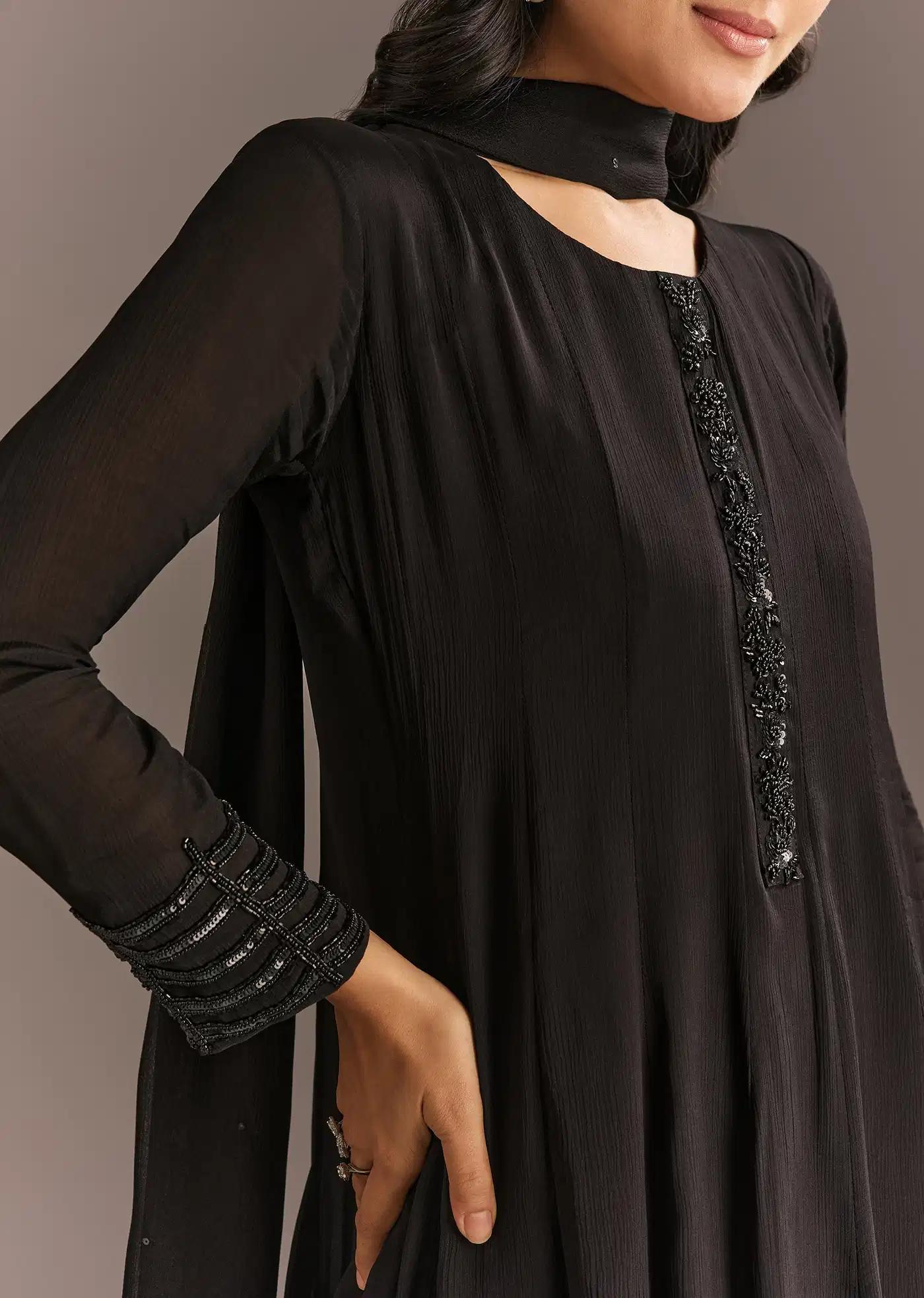 Black Chinon Beaded Sequin Anarkali Dress Trouser Featuring Drape