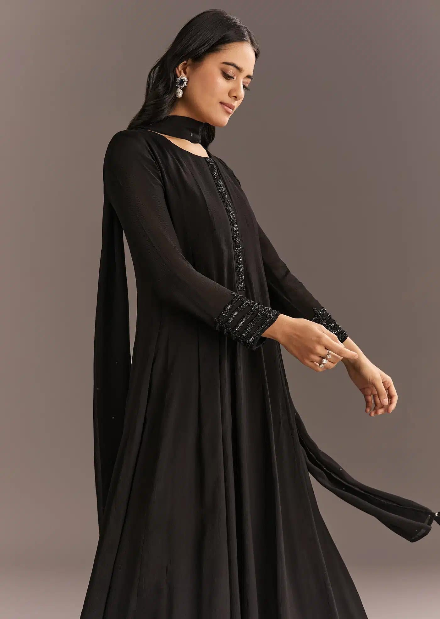 Black Chinon Beaded Sequin Anarkali Dress Trouser Featuring Drape