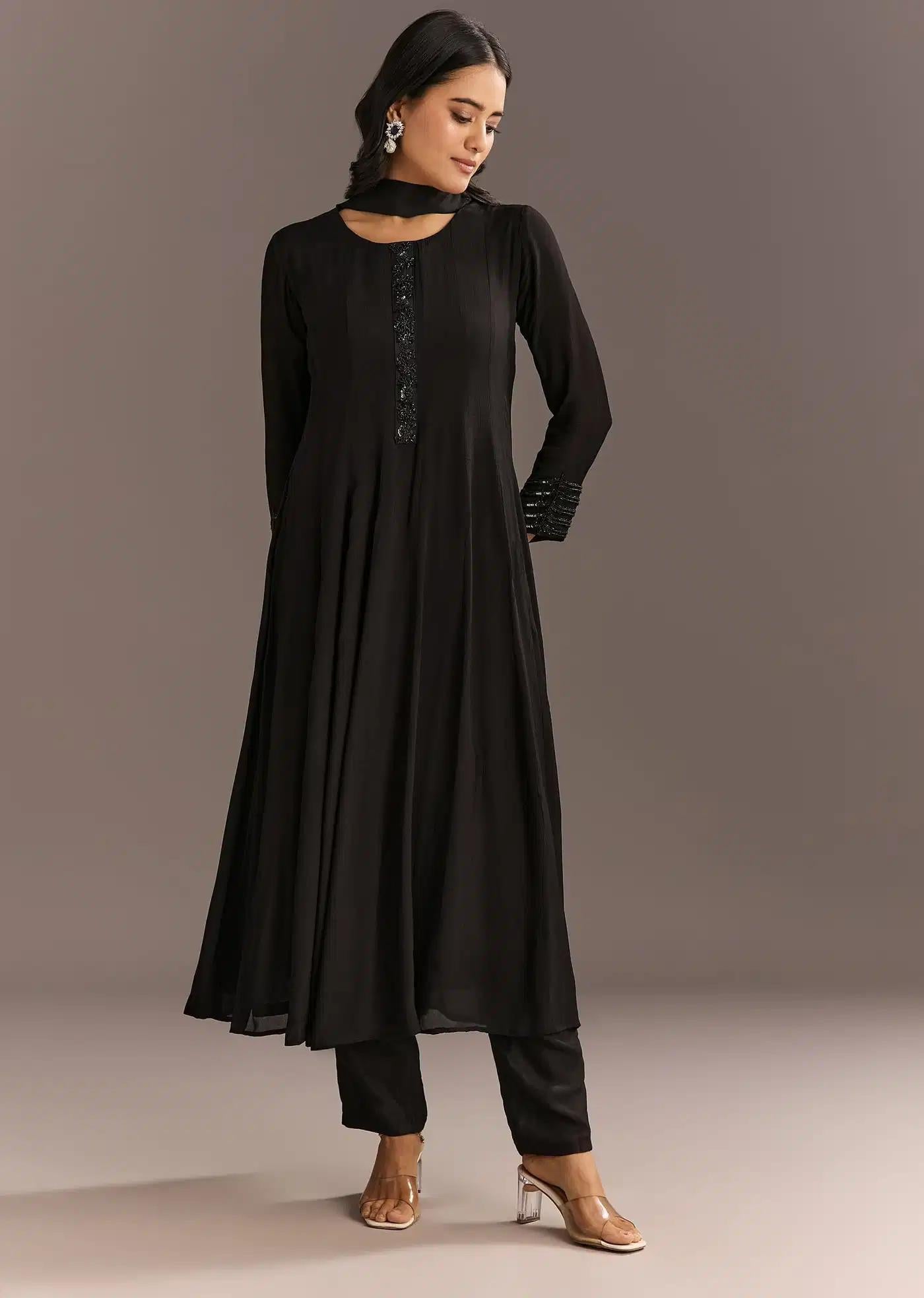 Black Chinon Beaded Sequin Anarkali Dress Trouser Featuring Drape