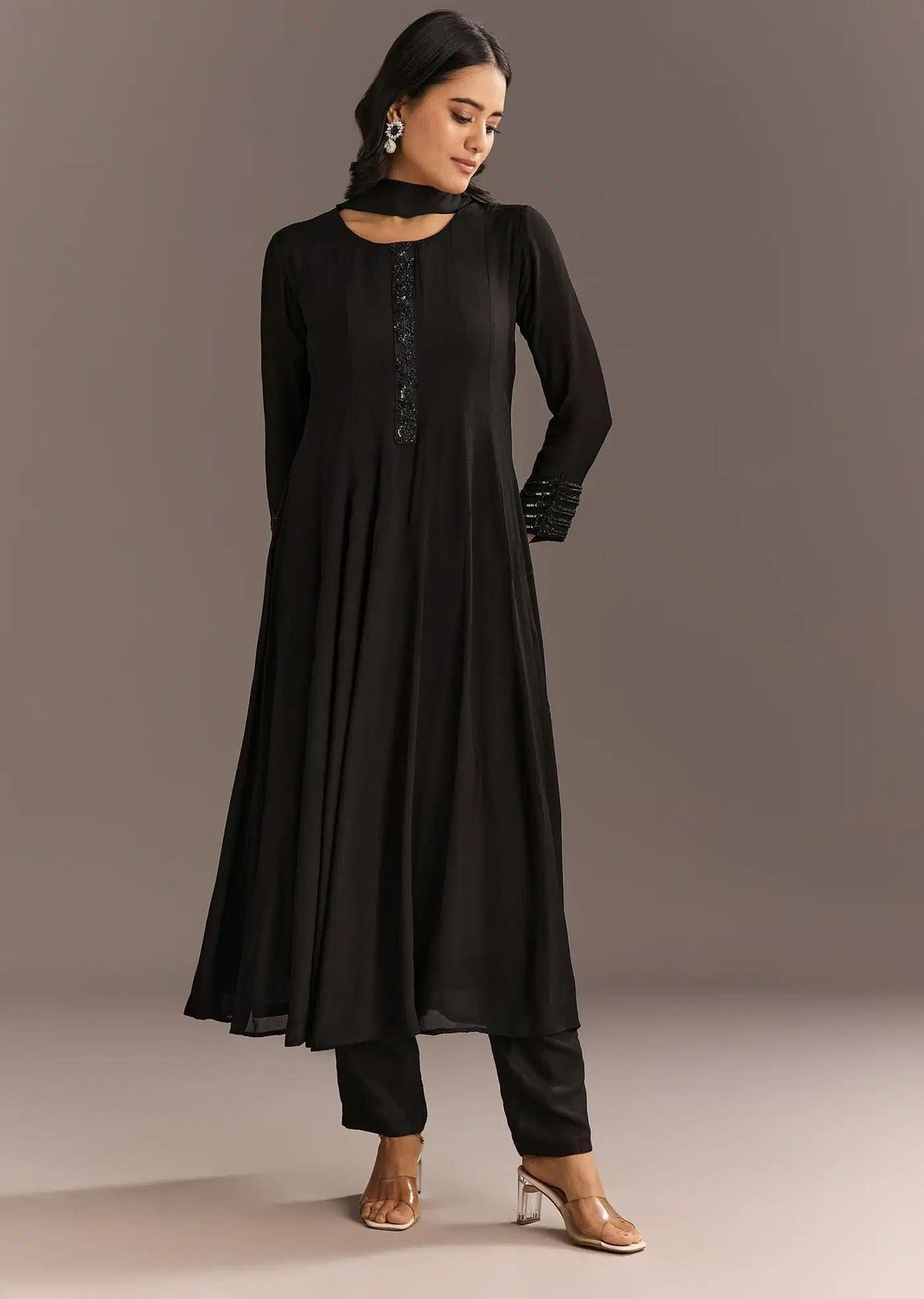 Black Chinon Beaded Sequin Anarkali Dress Trouser Featuring Drape