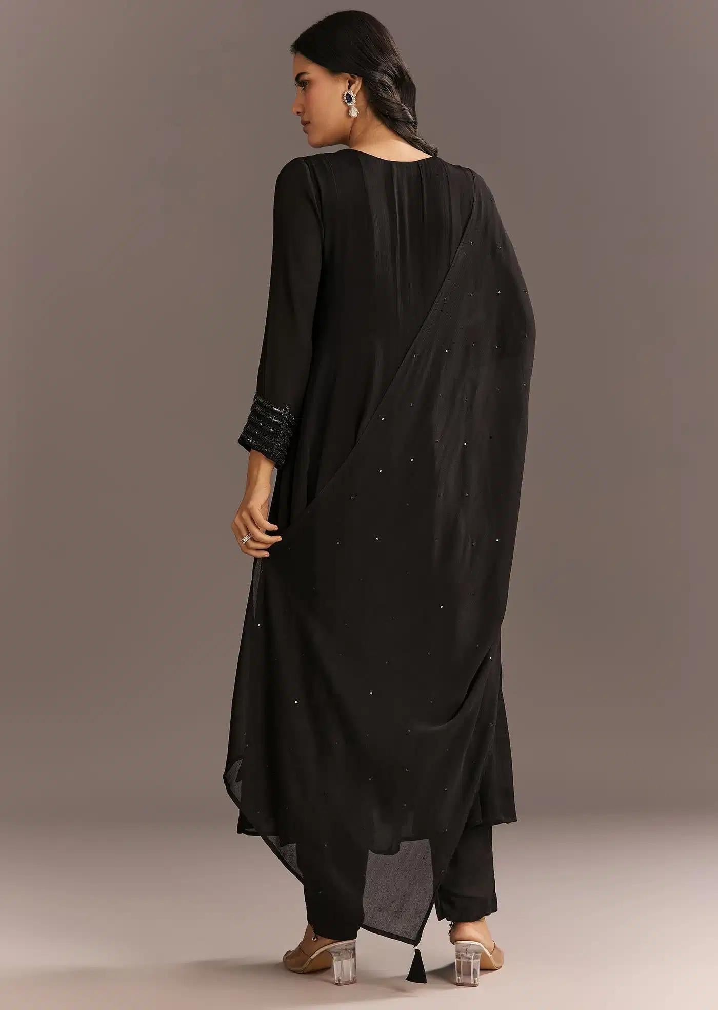 Black Chinon Beaded Sequin Anarkali Dress Trouser Featuring Drape