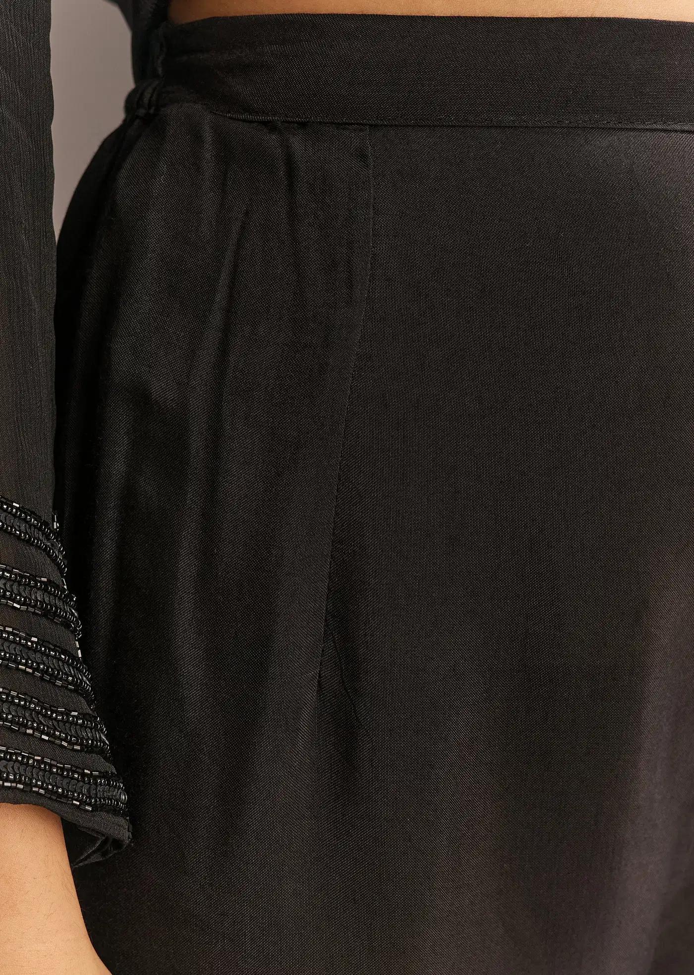 Black Chinon Beaded Sequin Anarkali Dress Trouser Featuring Drape