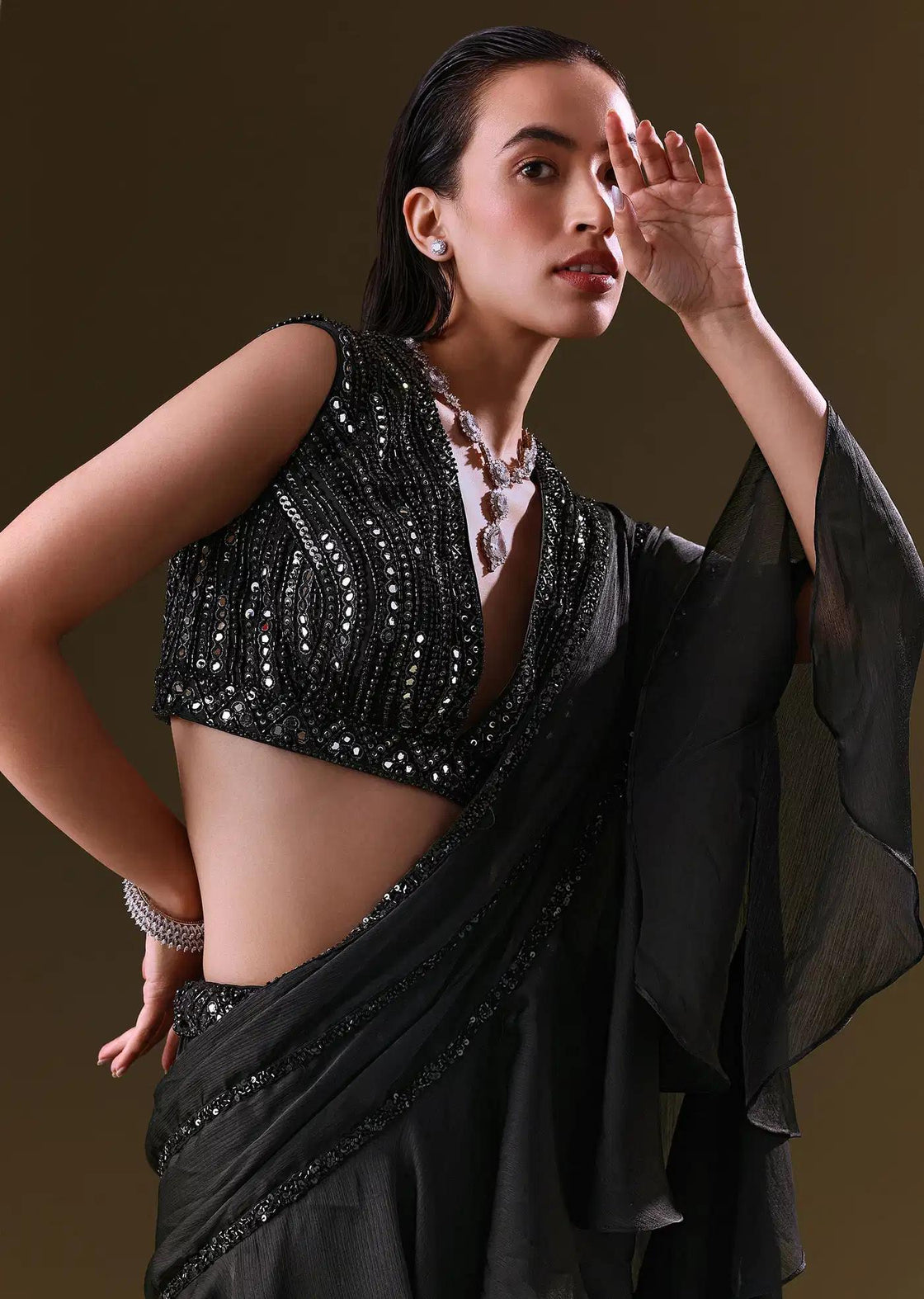 Black Choli And Lehenga With Attached Dupatta Detail