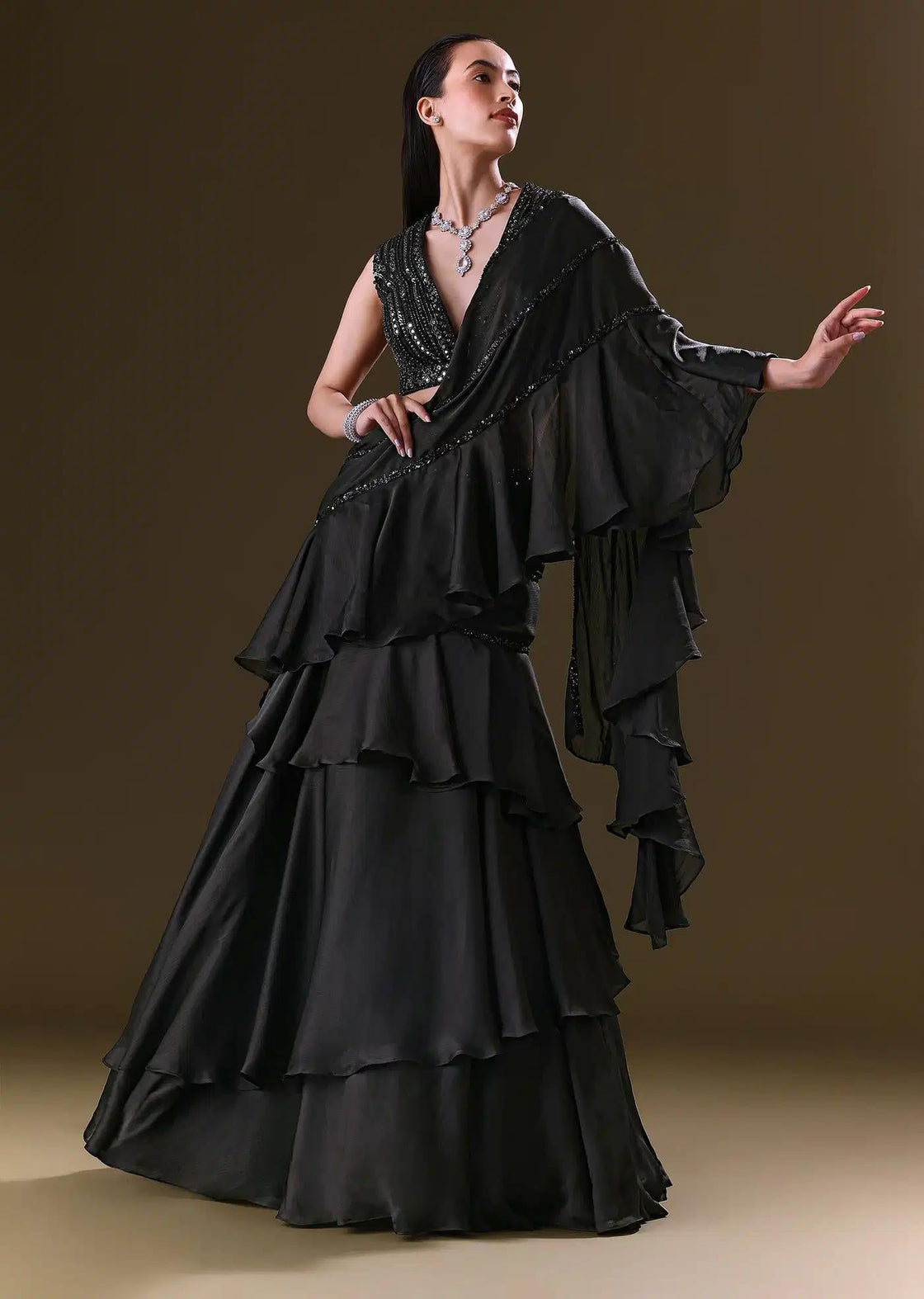 Black Choli And Lehenga With Attached Dupatta Detail