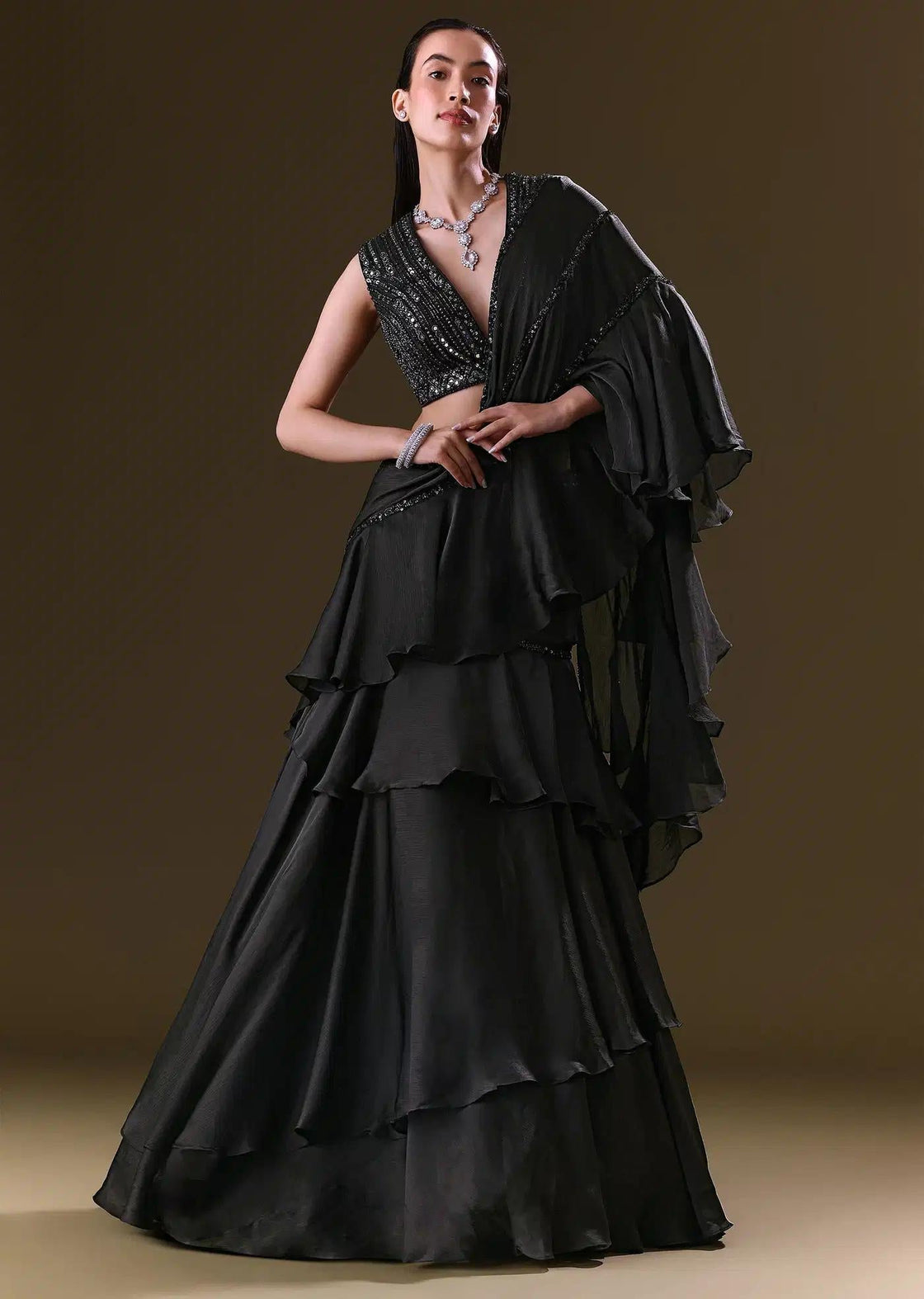 Black Choli And Lehenga With Attached Dupatta Detail