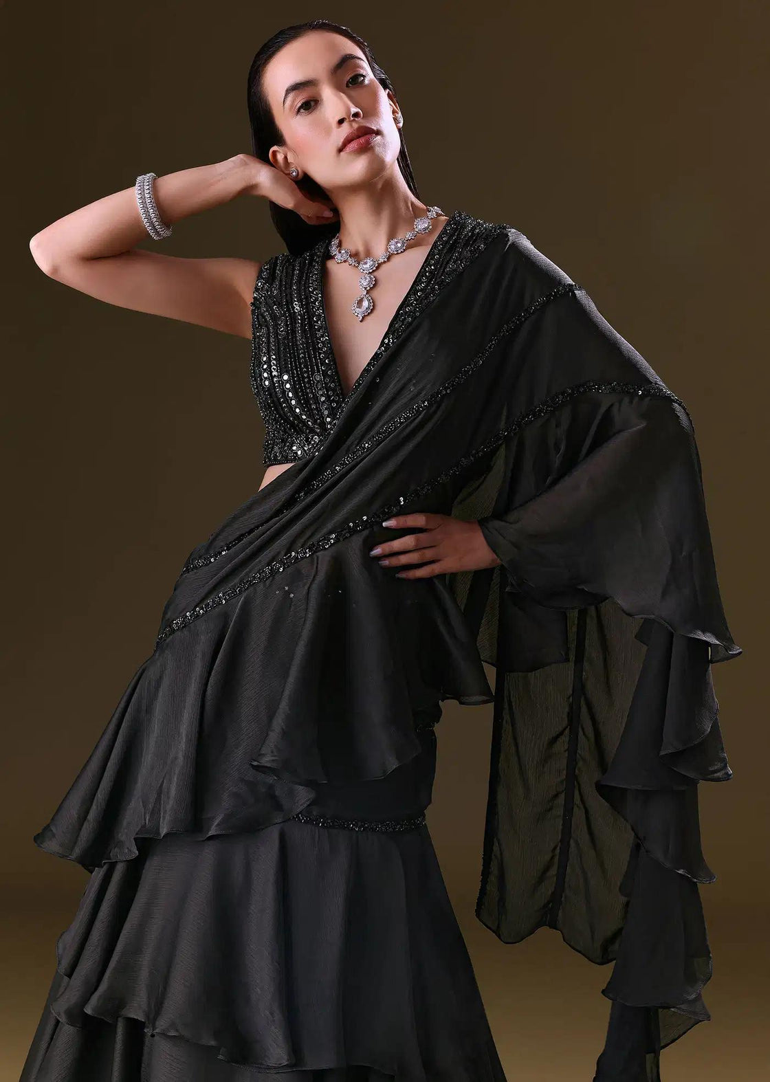 Black Choli And Lehenga With Attached Dupatta Detail