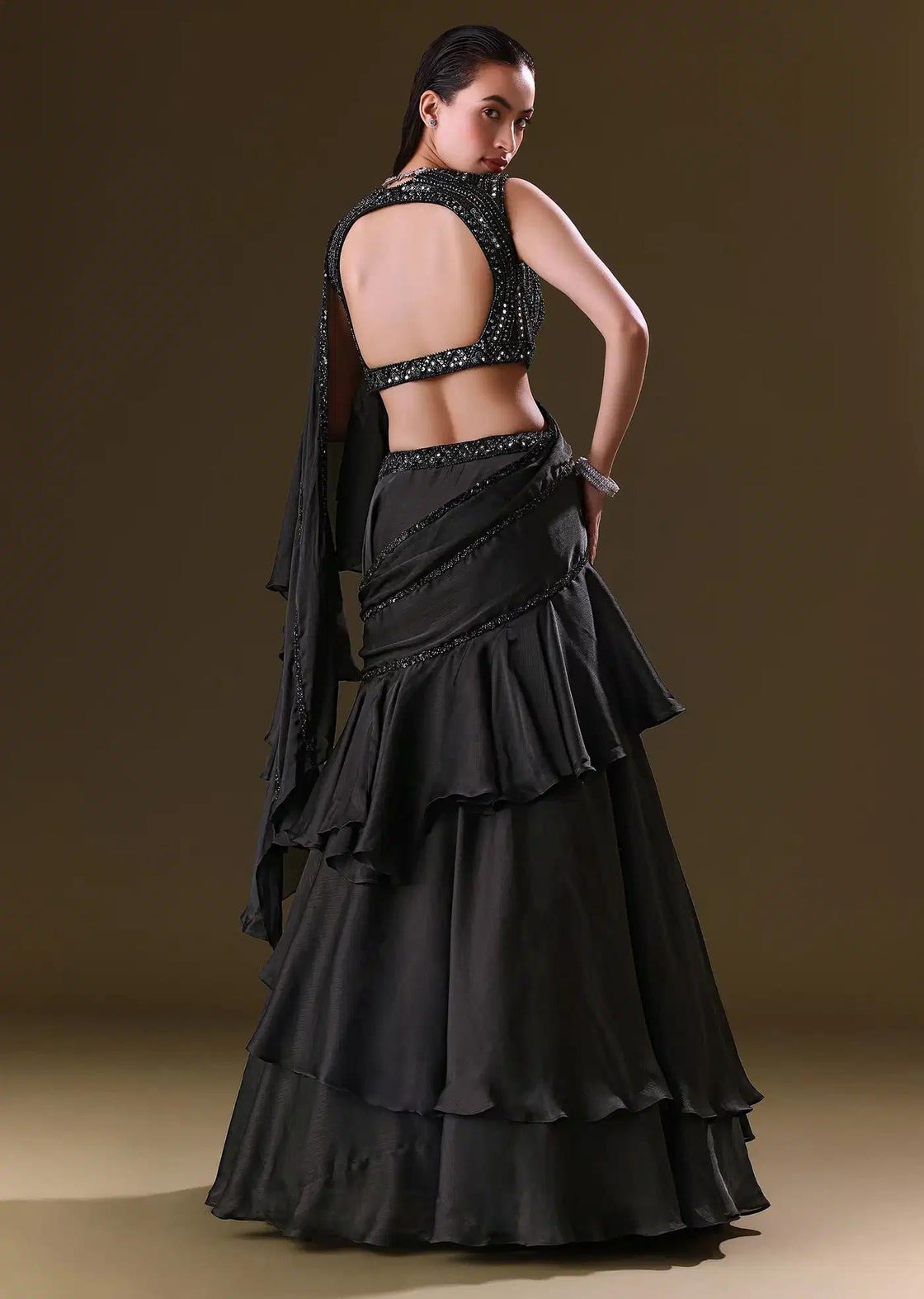 Black Choli And Lehenga With Attached Dupatta Detail