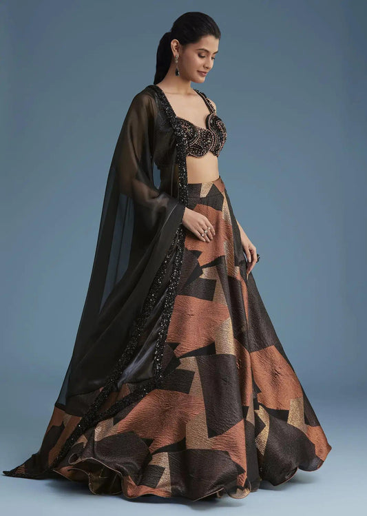 Black Copper Lurex Glitter Lehenga Skirt Ensemble Featuring Fancy Blouse