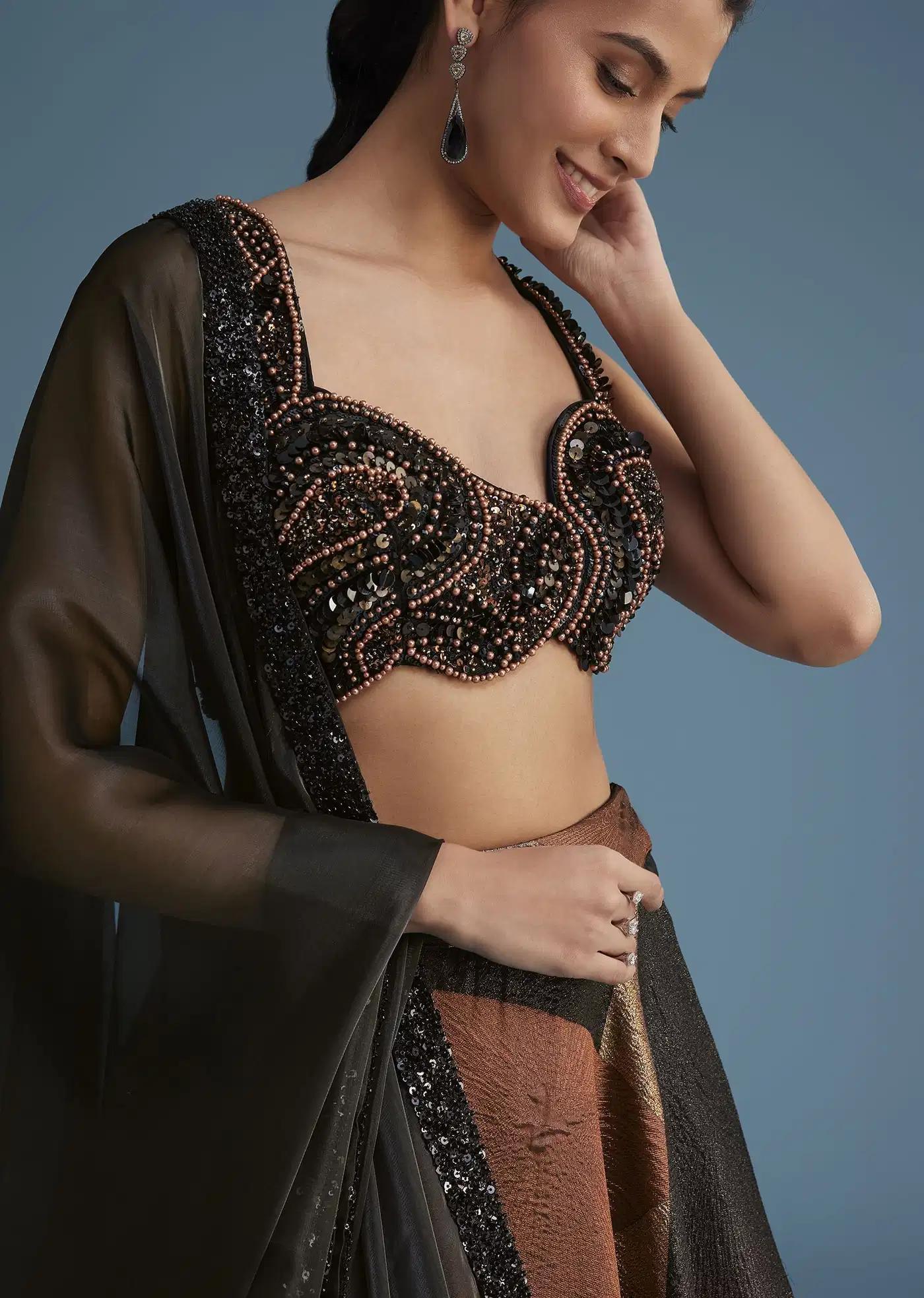 Black Copper Lurex Glitter Lehenga Skirt Ensemble Featuring Fancy Blouse