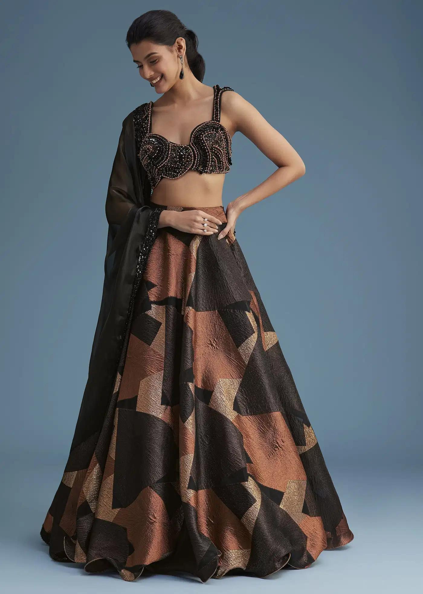 Black Copper Lurex Glitter Lehenga Skirt Ensemble Featuring Fancy Blouse