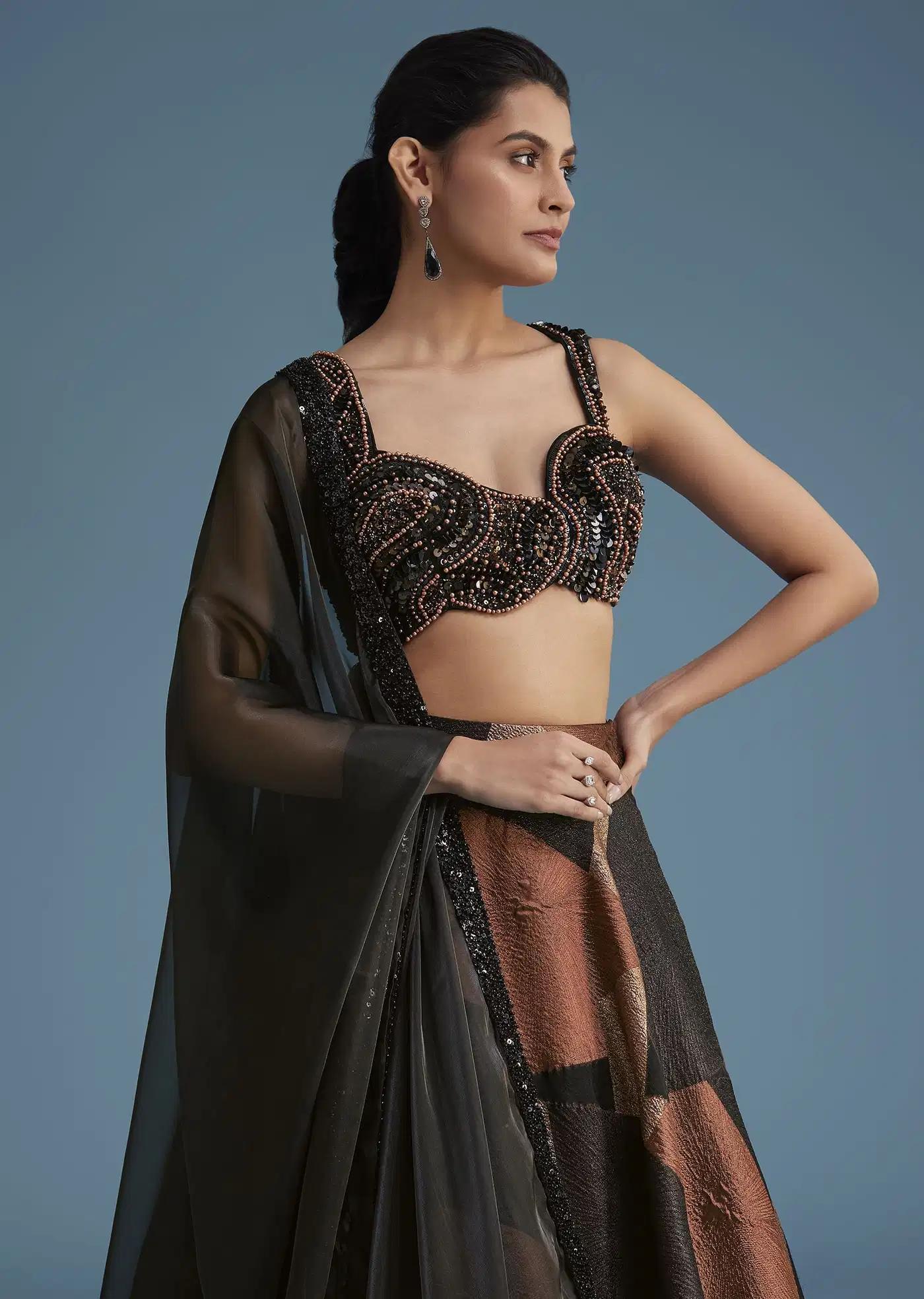 Black Copper Lurex Glitter Lehenga Skirt Ensemble Featuring Fancy Blouse