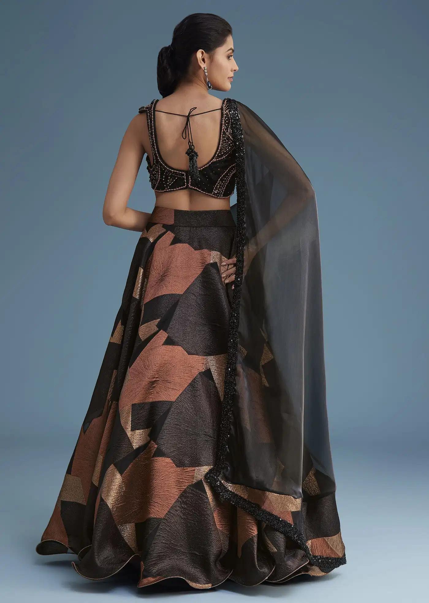 Black Copper Lurex Glitter Lehenga Skirt Ensemble Featuring Fancy Blouse