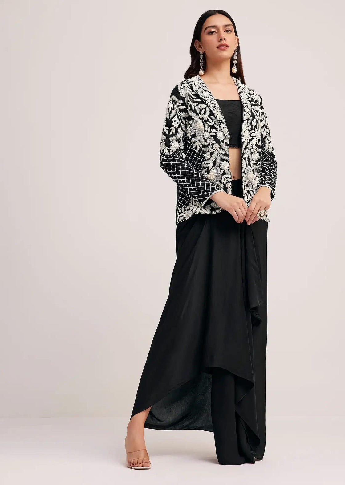 Black Crop Top With Palazzo And Embroidered Long Jacket