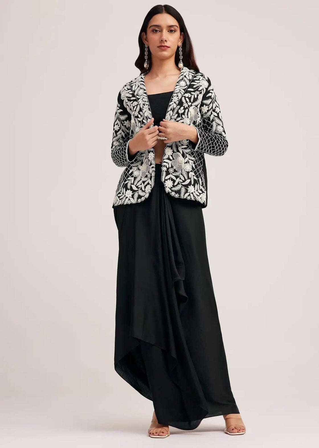 Black Crop Top With Palazzo And Embroidered Long Jacket