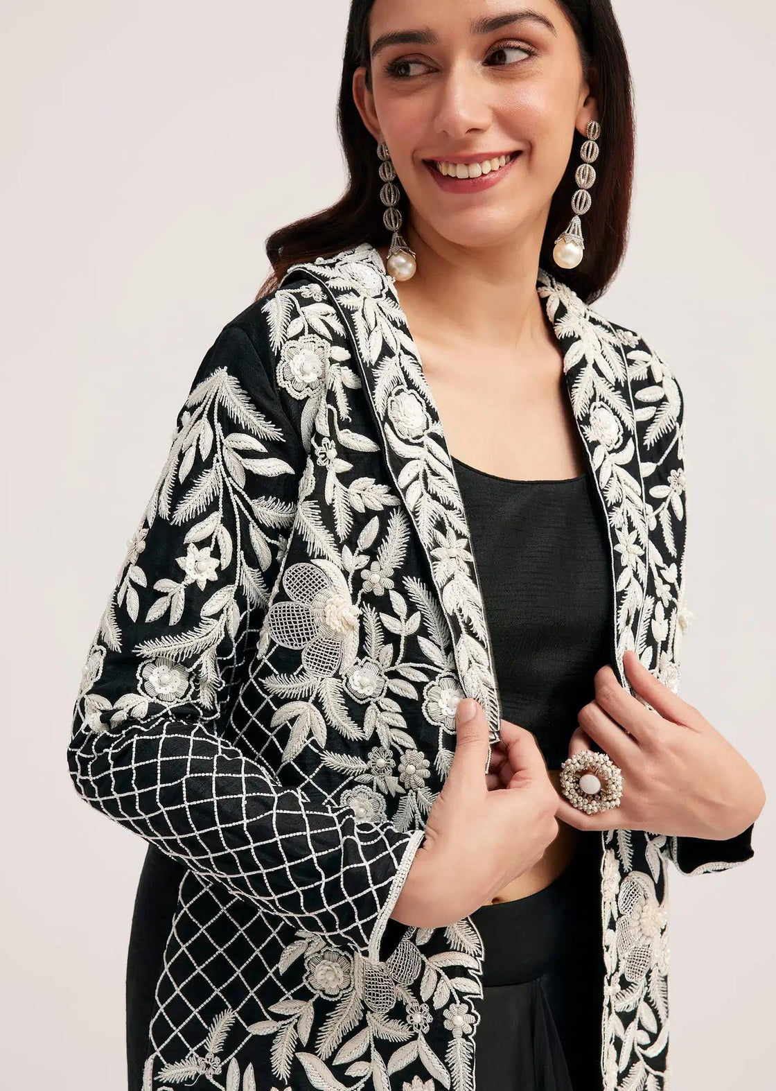 Black Crop Top With Palazzo And Embroidered Long Jacket
