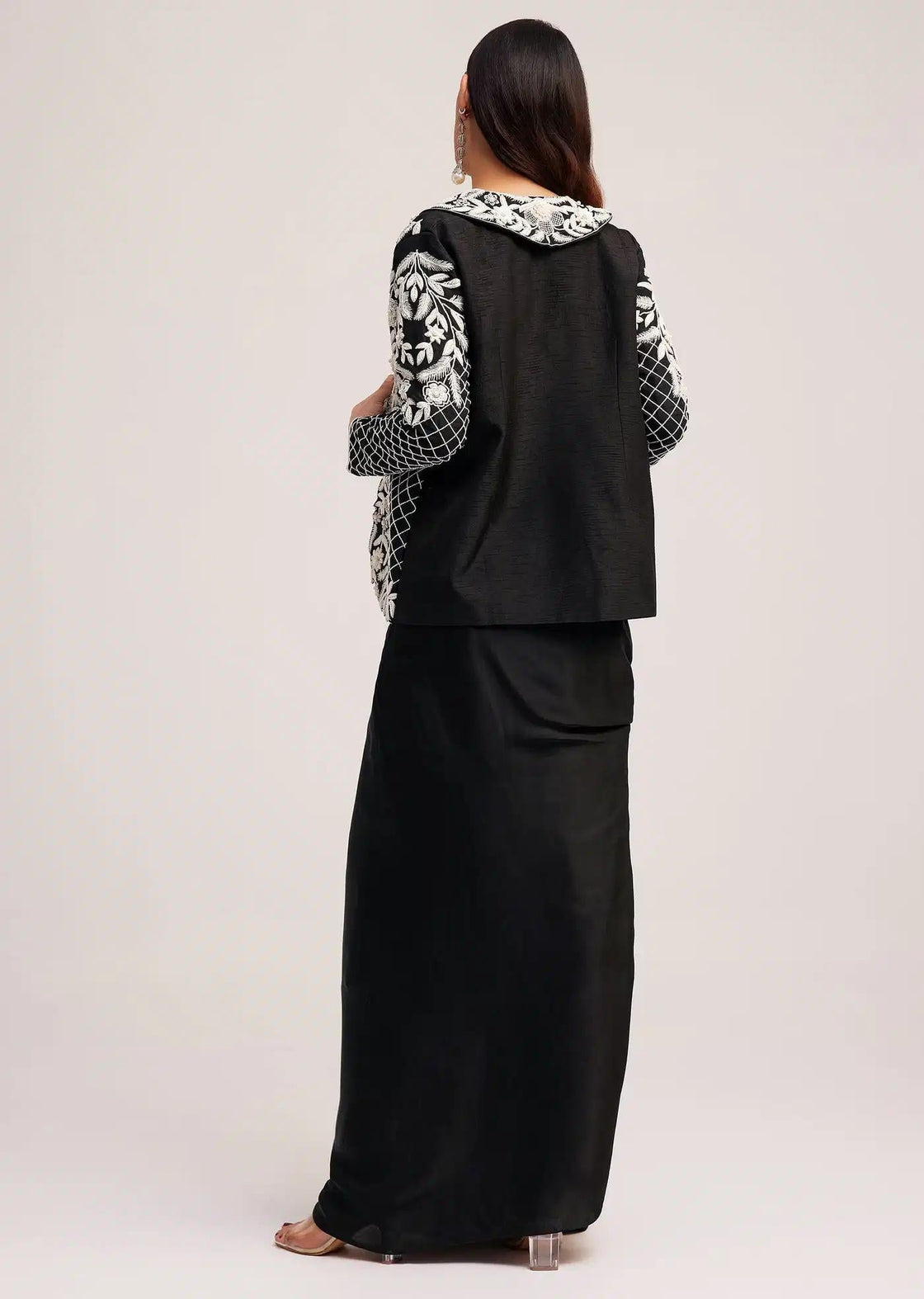 Black Crop Top With Palazzo And Embroidered Long Jacket