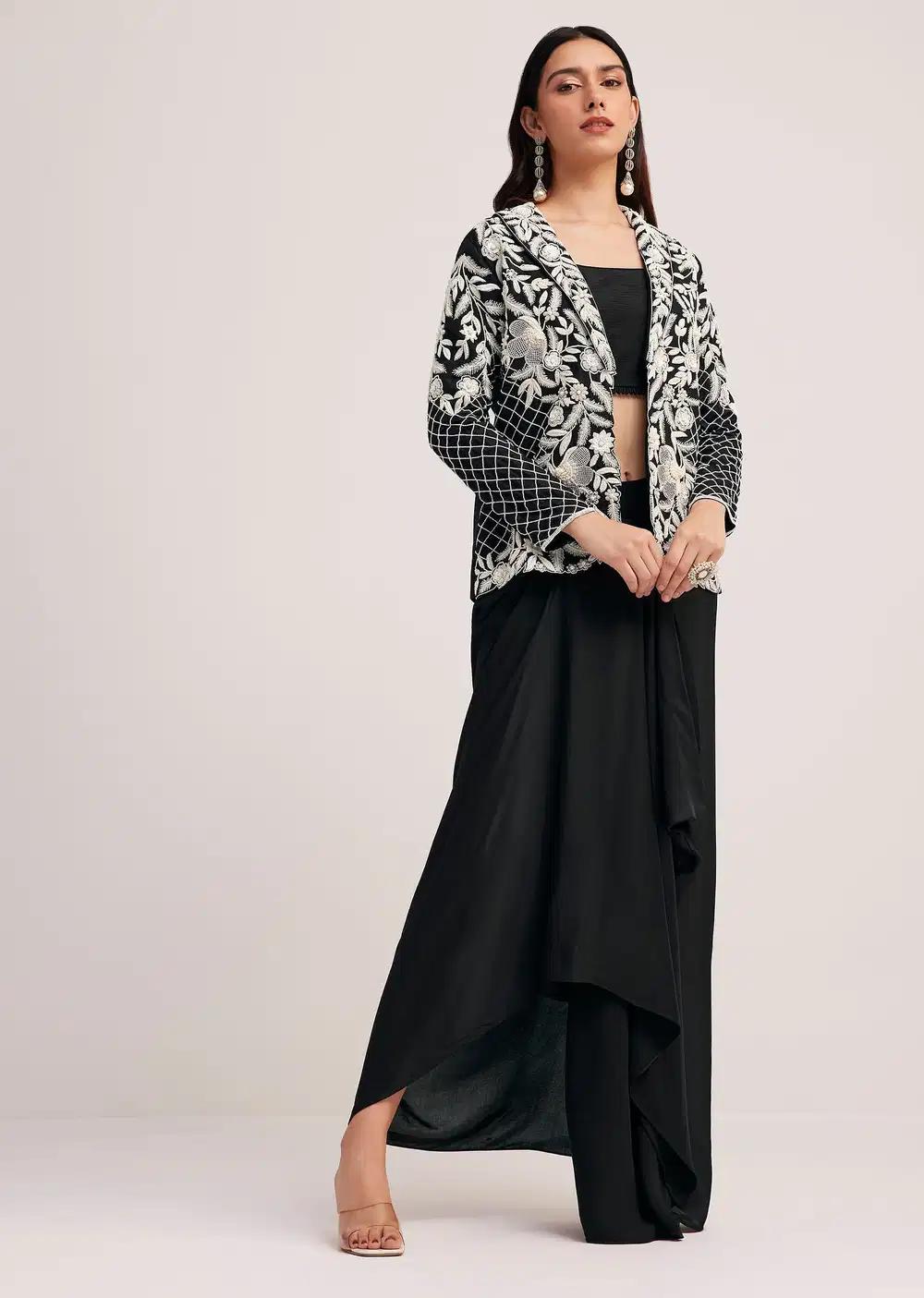 Black Crop Top With Palazzo And Embroidered Long Jacket