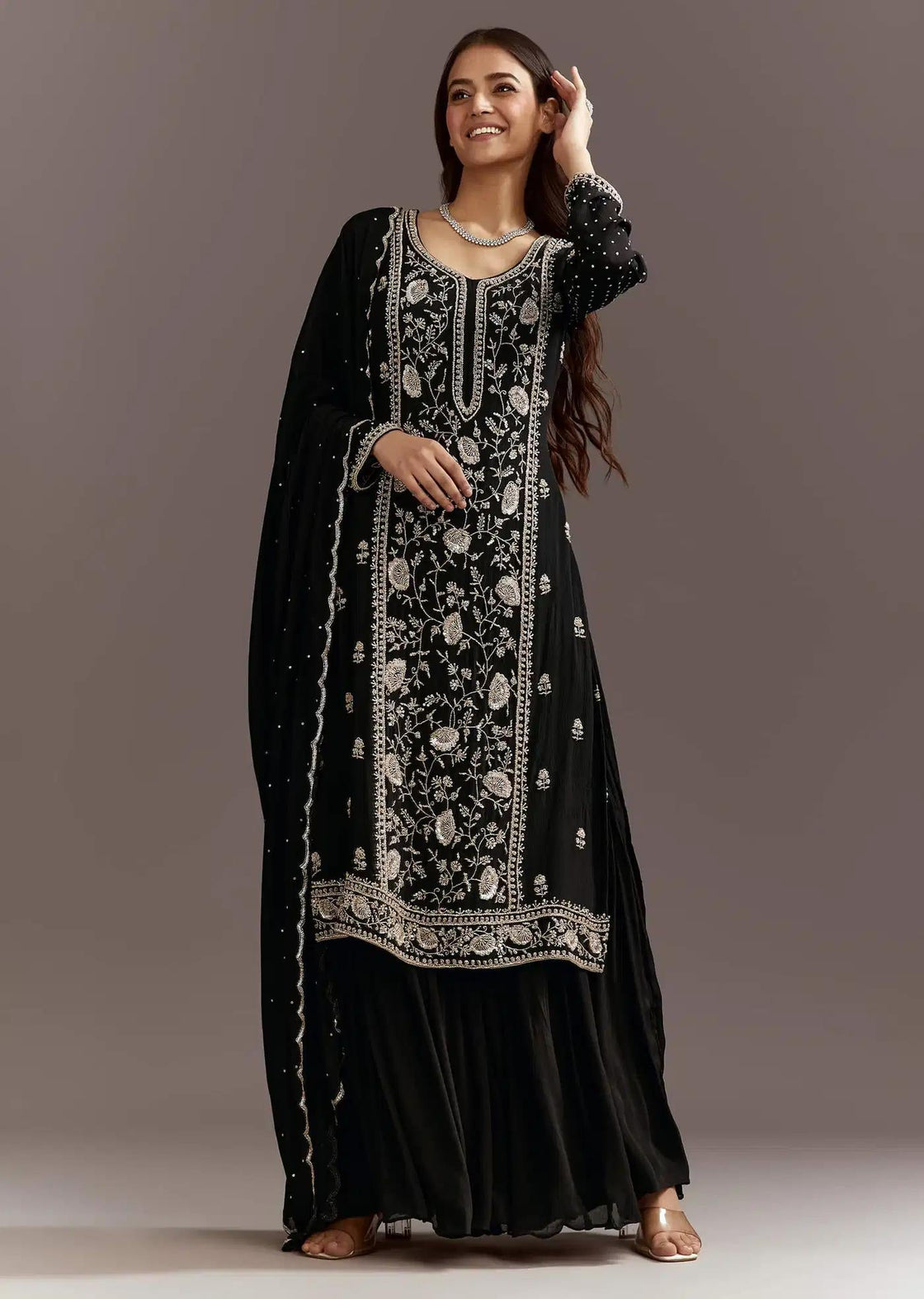 Black Cutdana Sequins Tunic Featuring Chinon Sharara Trousers Drape