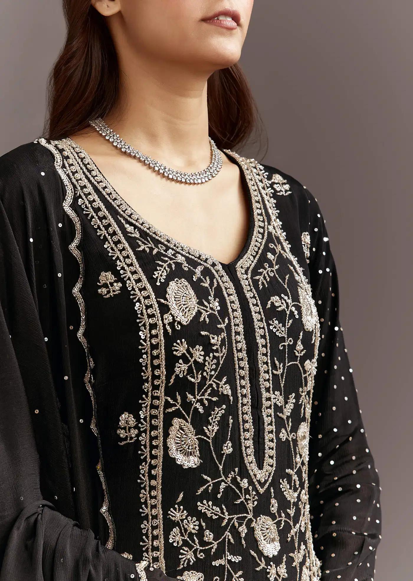 Black Cutdana Sequins Tunic Featuring Chinon Sharara Trousers Drape