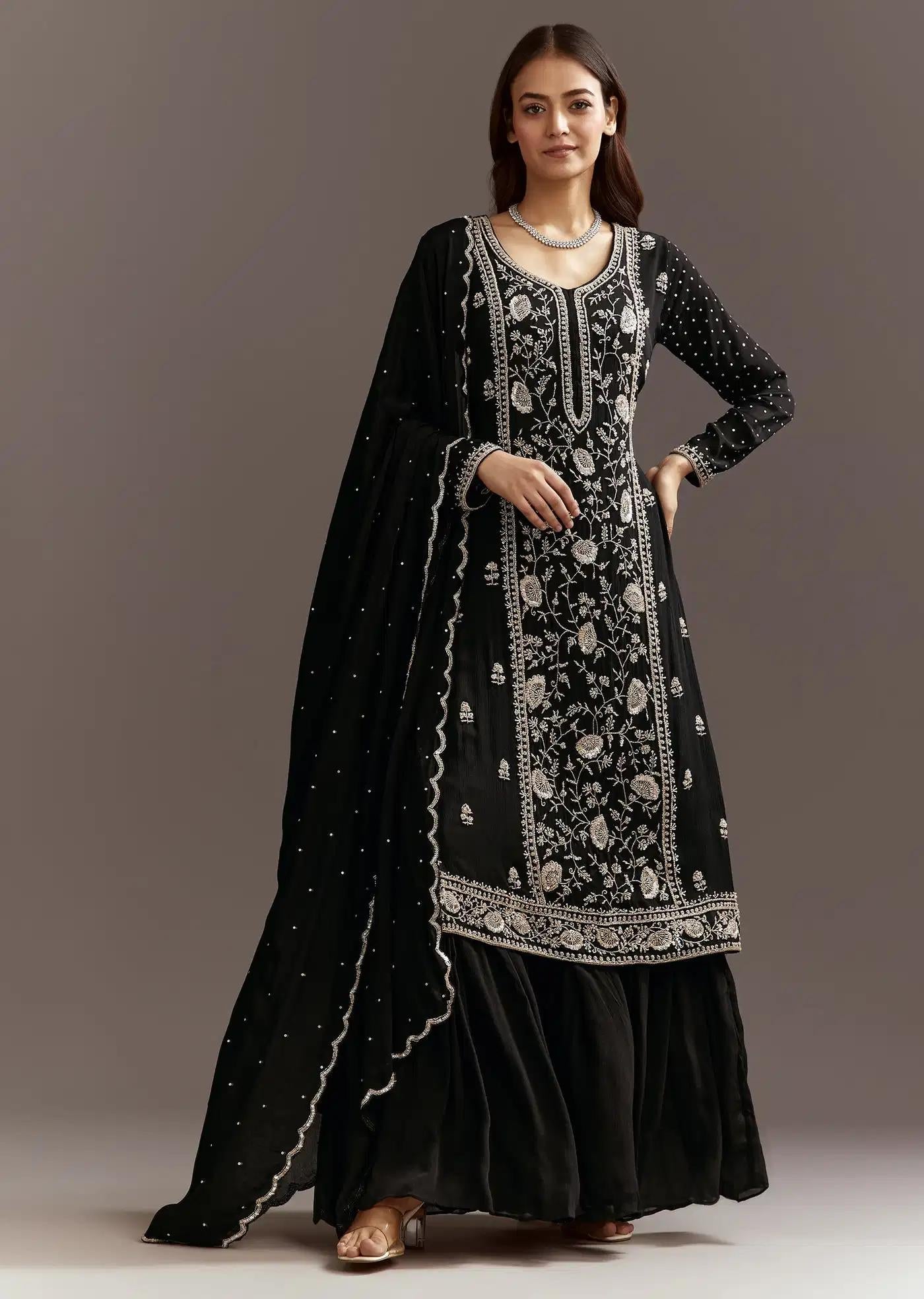 Black Cutdana Sequins Tunic Featuring Chinon Sharara Trousers Drape
