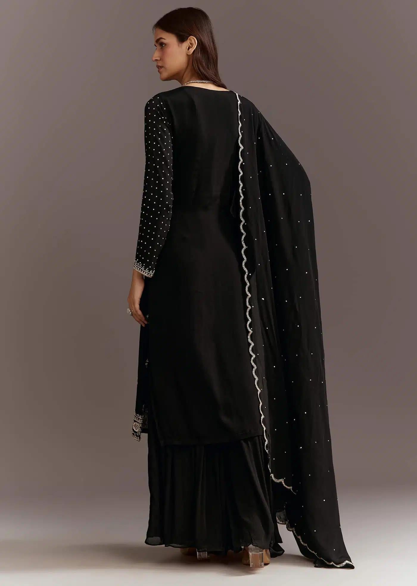Black Cutdana Sequins Tunic Featuring Chinon Sharara Trousers Drape