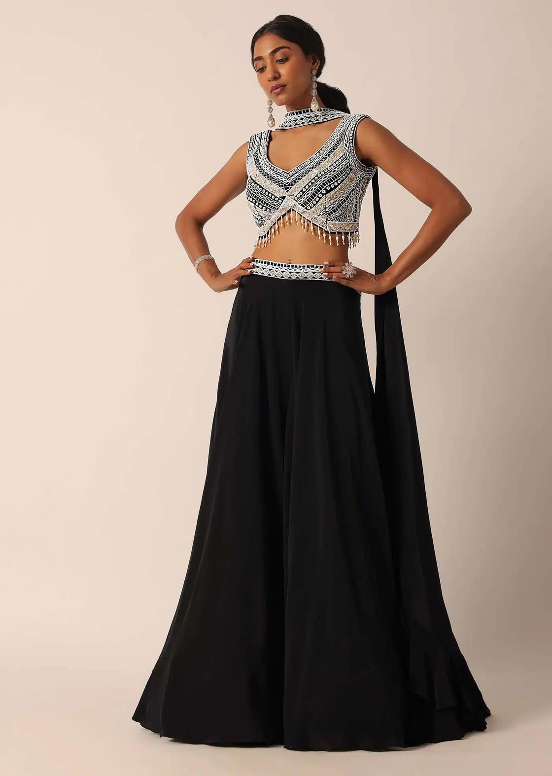 Black Embellished Palazzo And Blouse Set With Bead Highlights